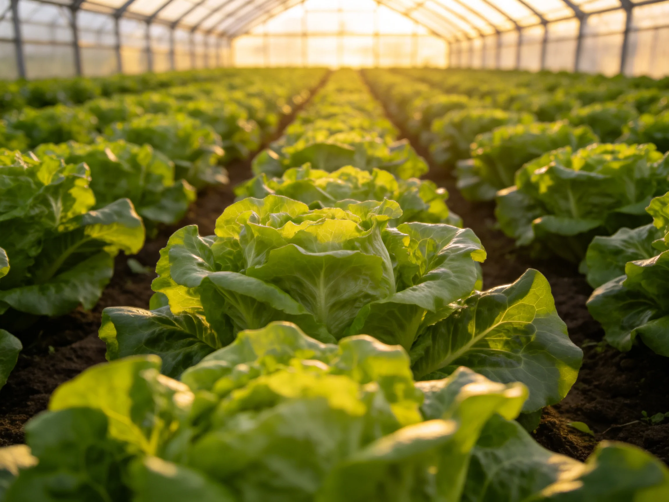 Rows of vibrant green leafy greens in a sunlit greenhouse