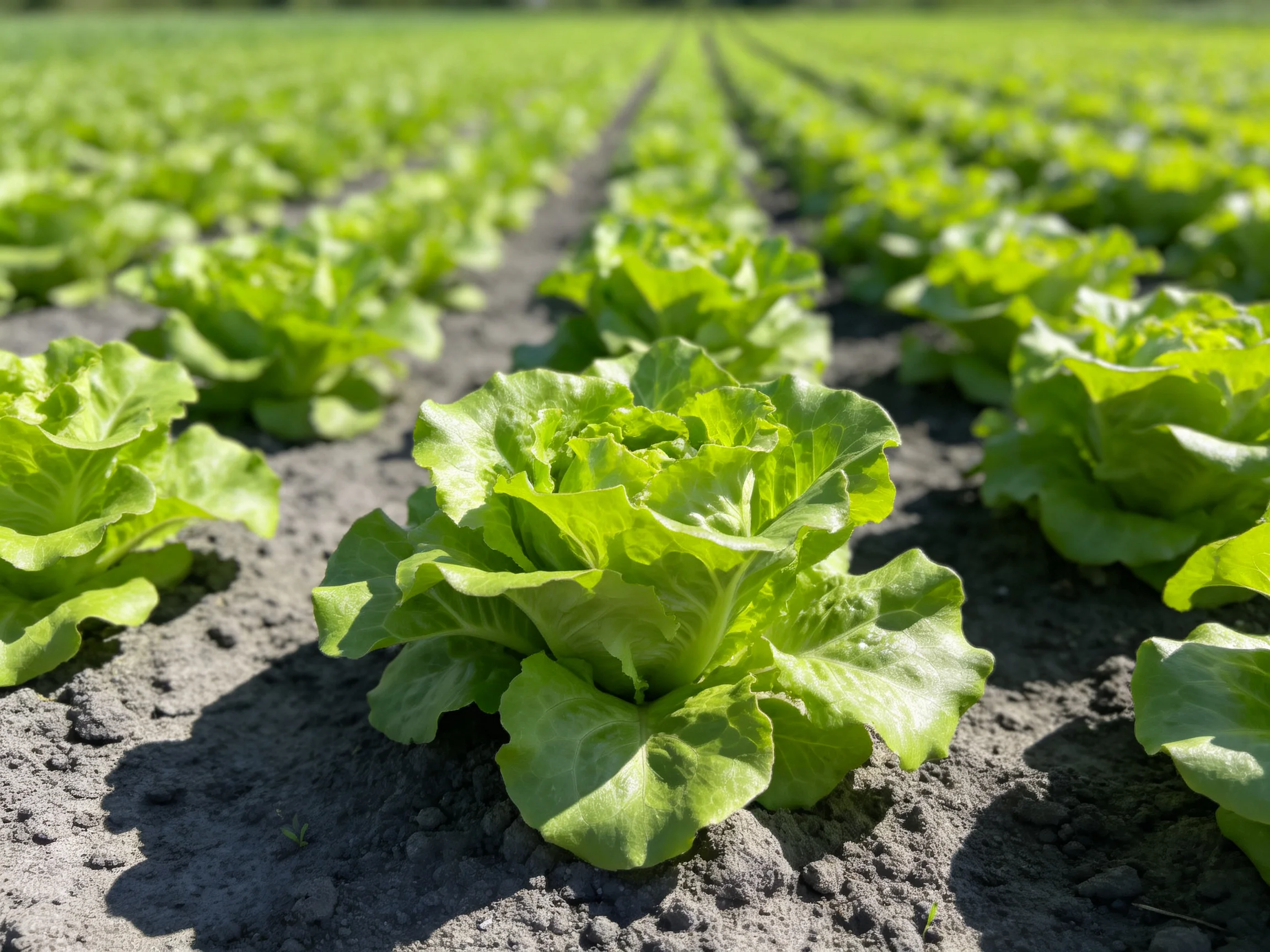 Rows of vibrant green lettuce growing in organized agricultural fields