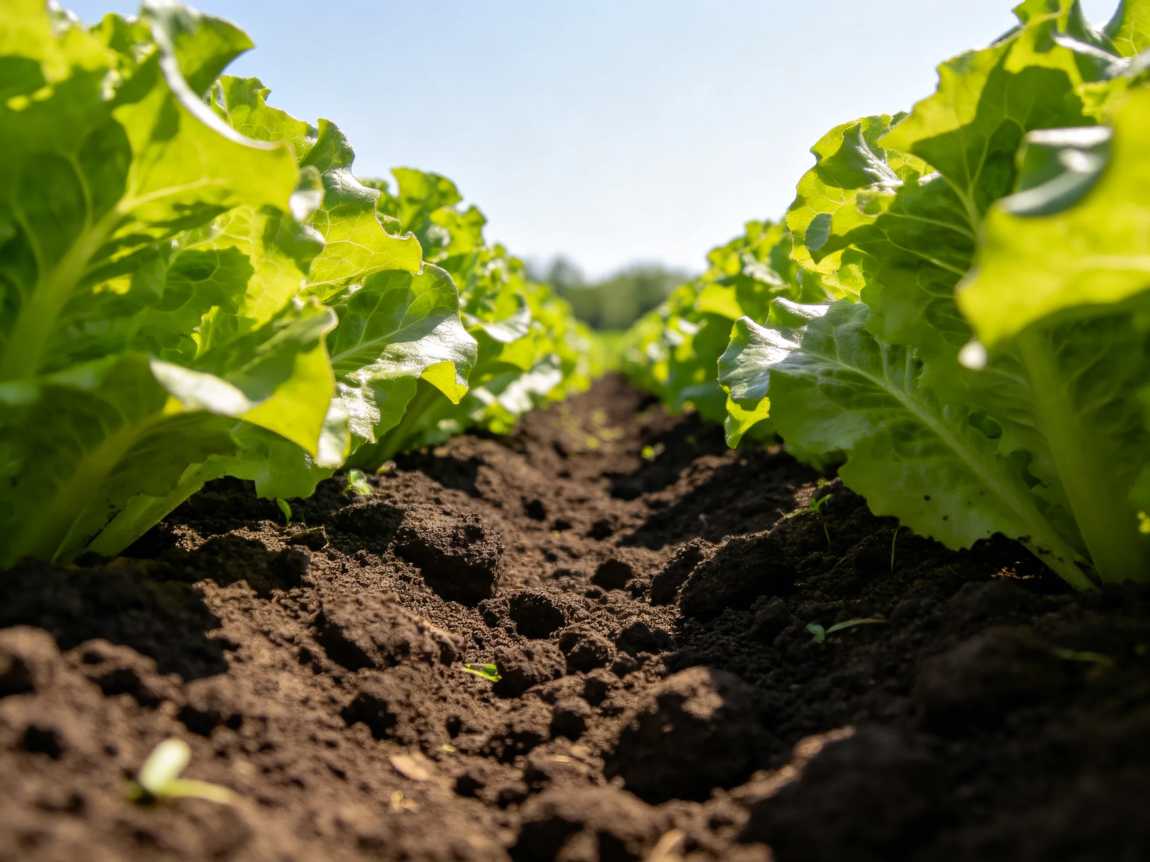Rows of vibrant green lettuce in well-tended garden beds