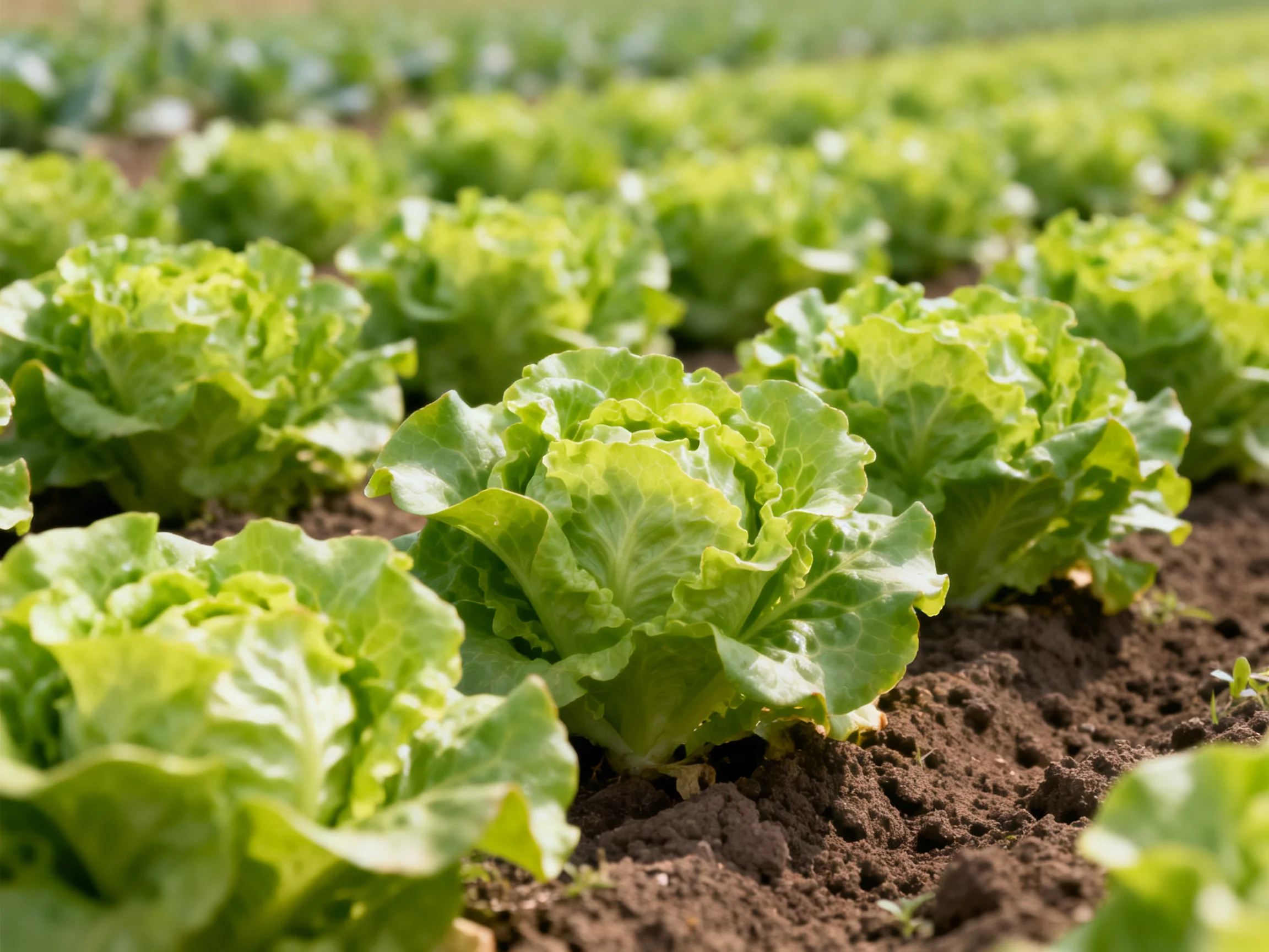 Rows of vibrant green lettuce planted in organized rows over dark earth