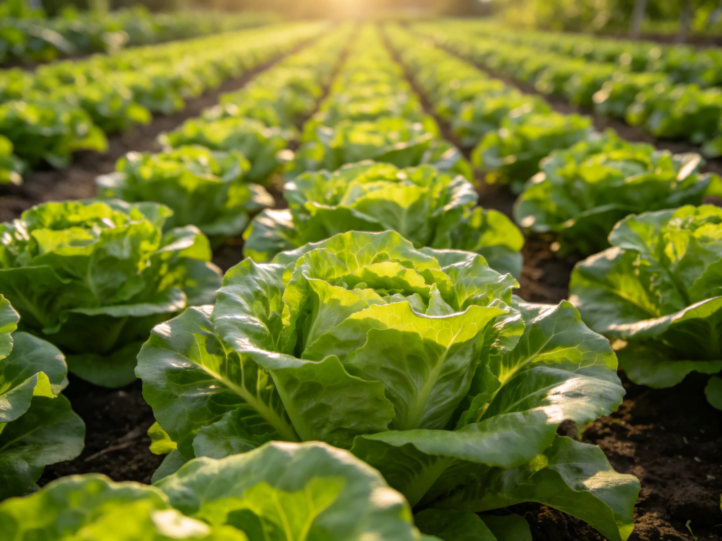 Rows of vibrant green lettuce thriving in a sunlit farm field