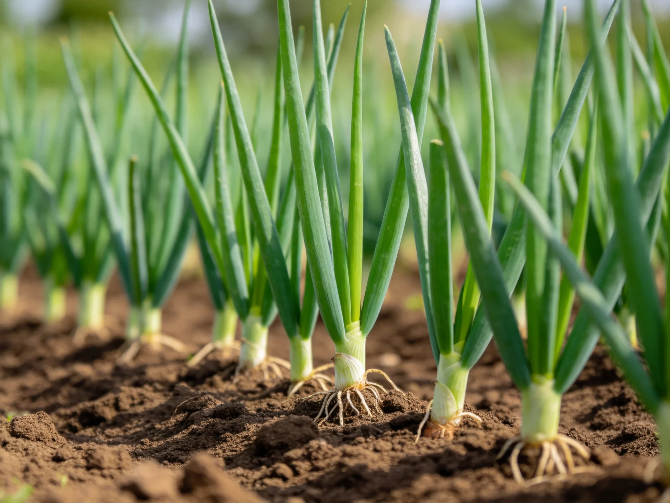 Rows of vibrant green onion seedlings growing in fertile brown soil