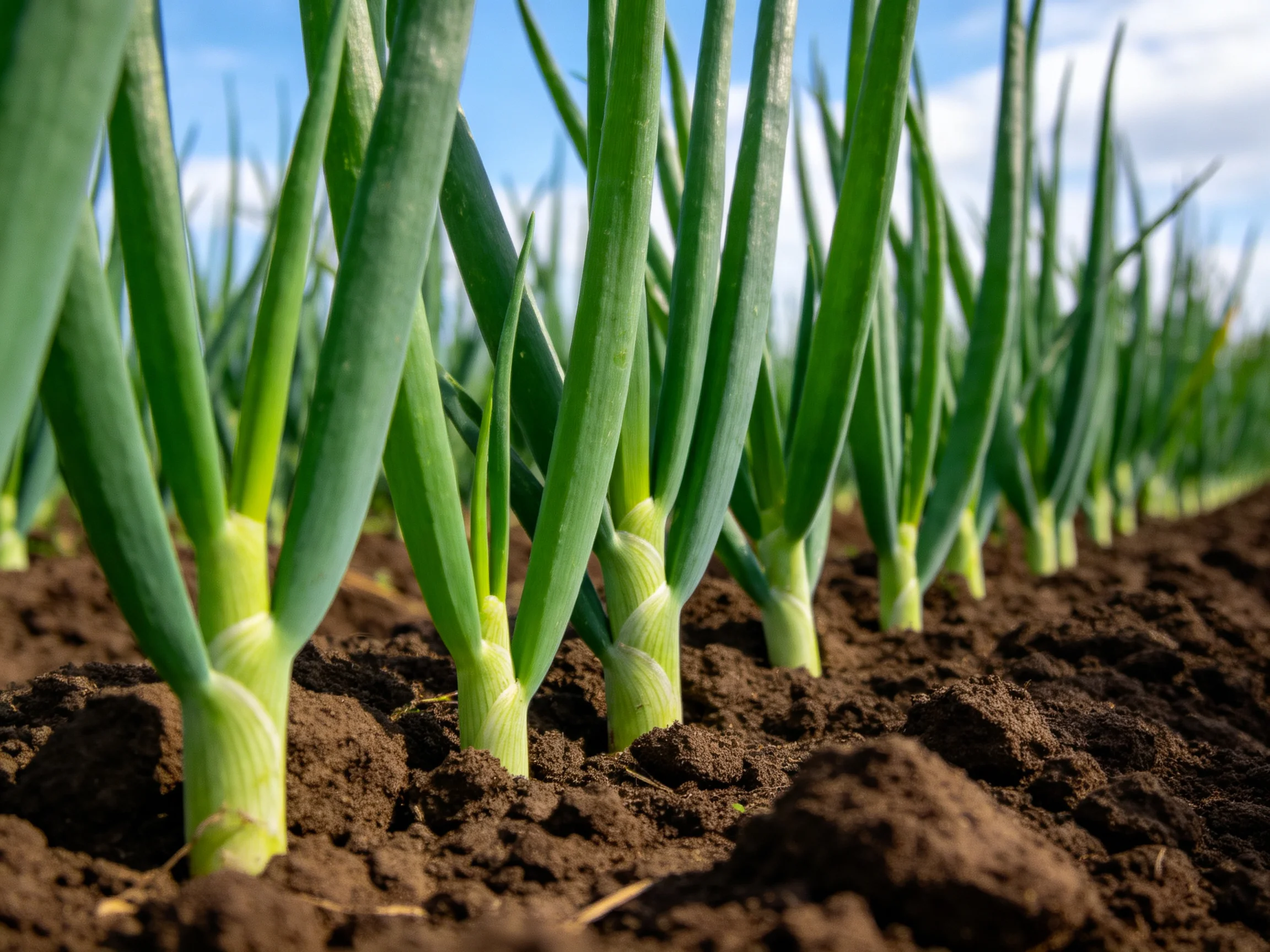 Rows of vibrant green onion seedlings in dark brown soil under clear blue sky