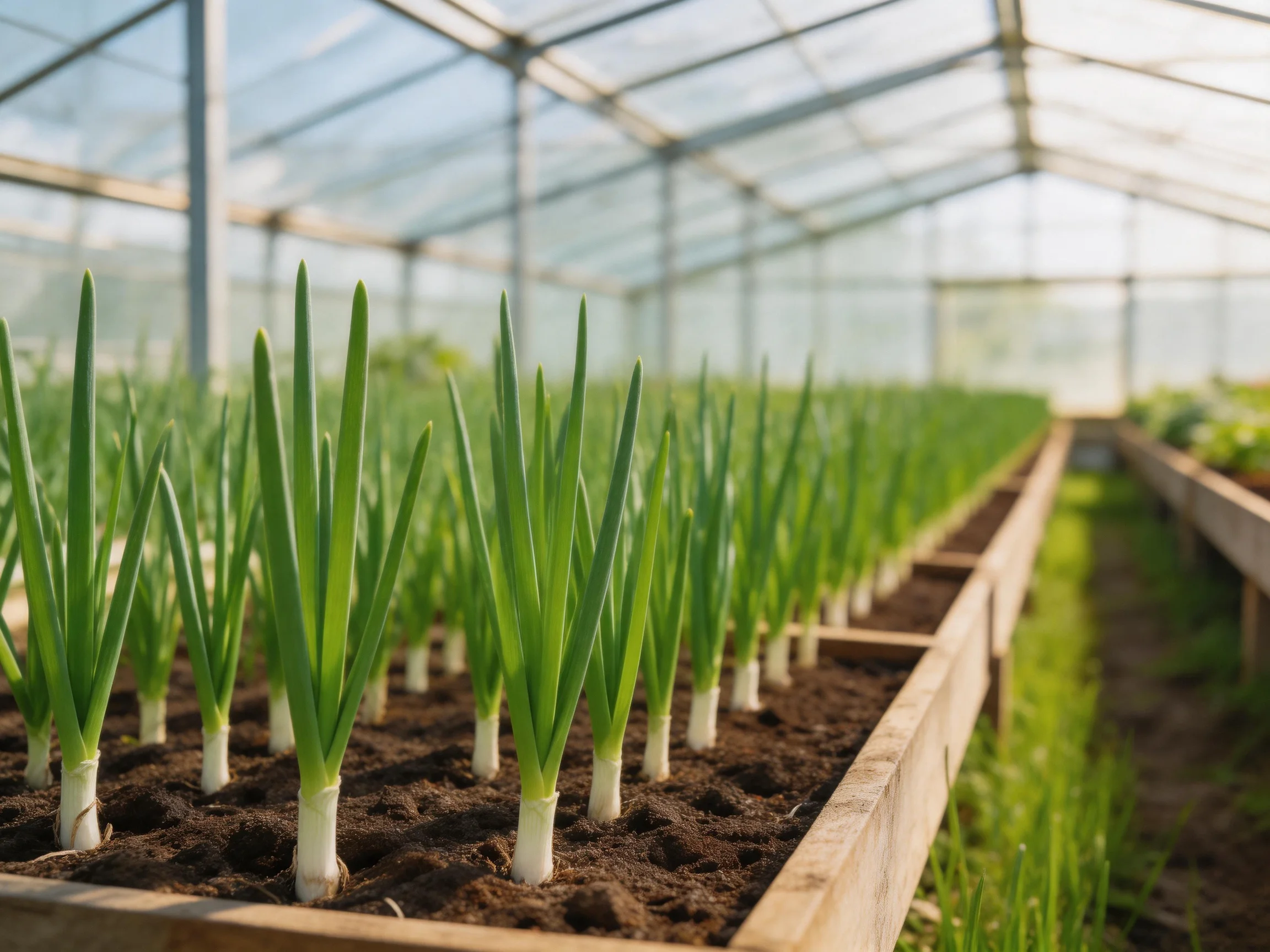 Rows of vibrant green seedlings in wooden planters inside a glass greenhouse