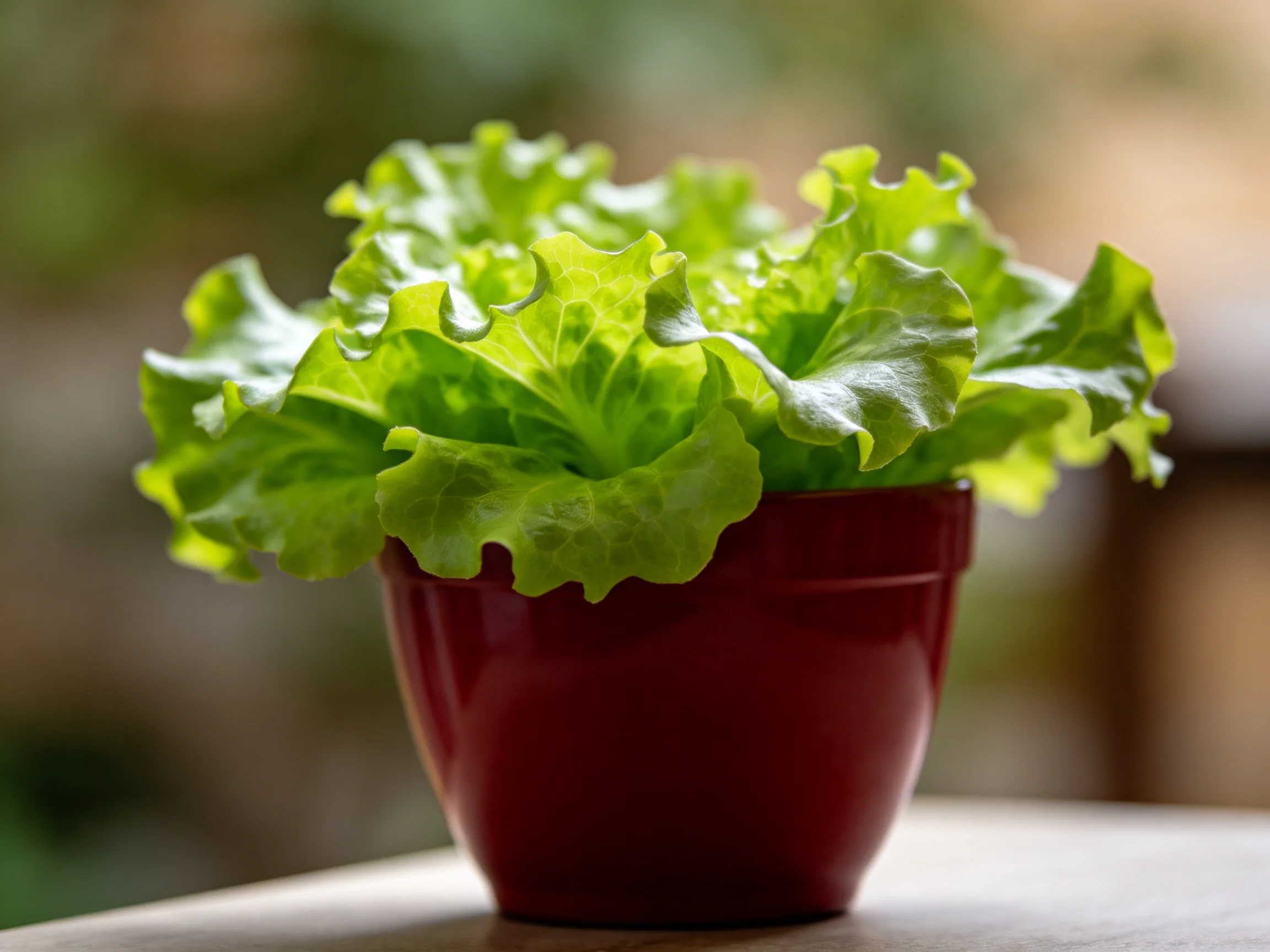 Ruffled green leafy plants in a glossy dark red flowerpot
