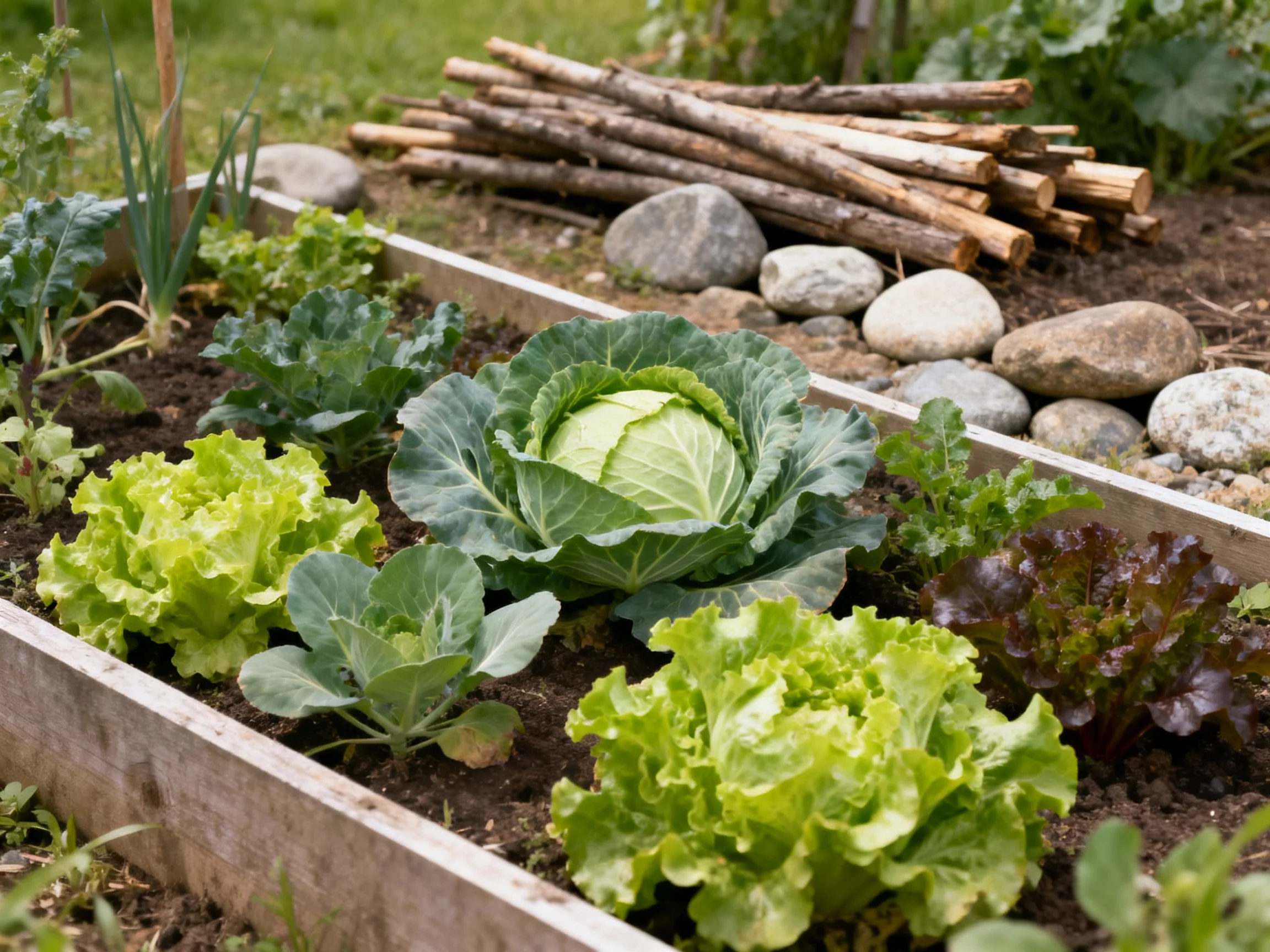 Rustic vegetable garden with diverse leafy greens and cabbage