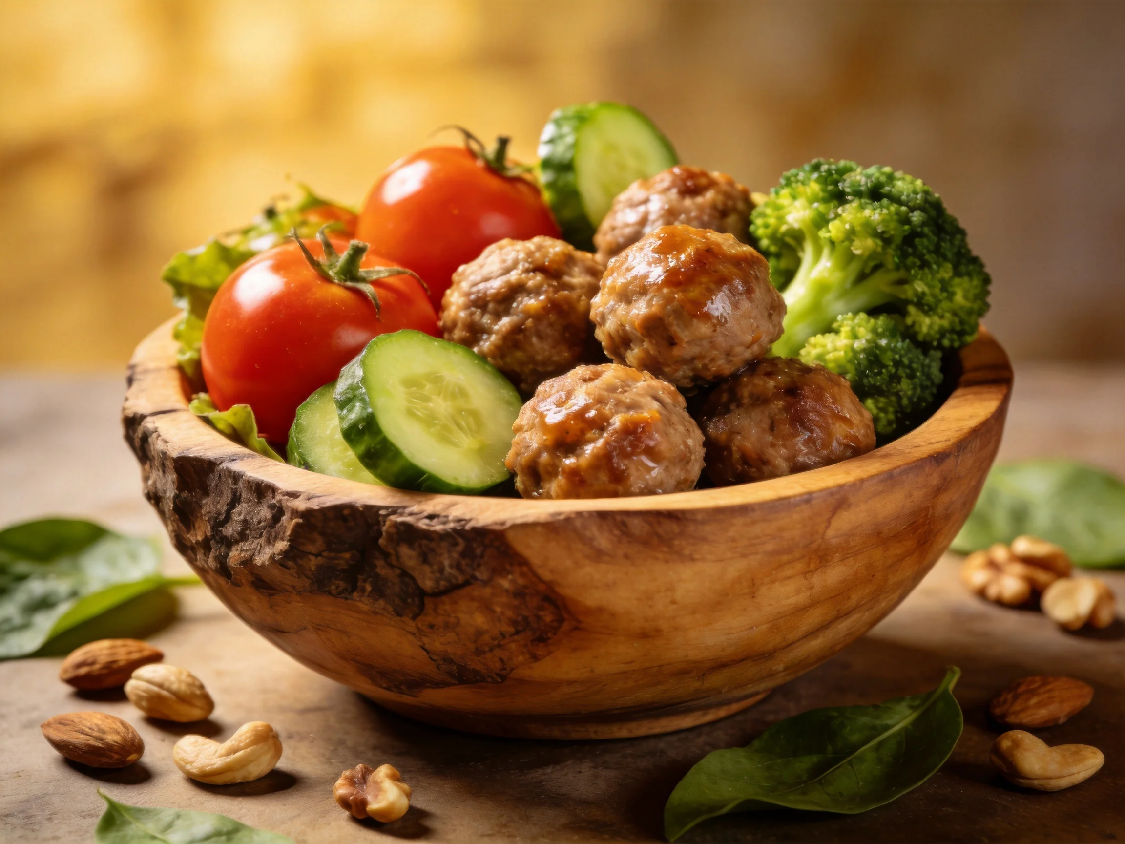 Rustic wooden bowl holds meatballs, cherry tomatoes, cucumber slices, broccoli, and nuts