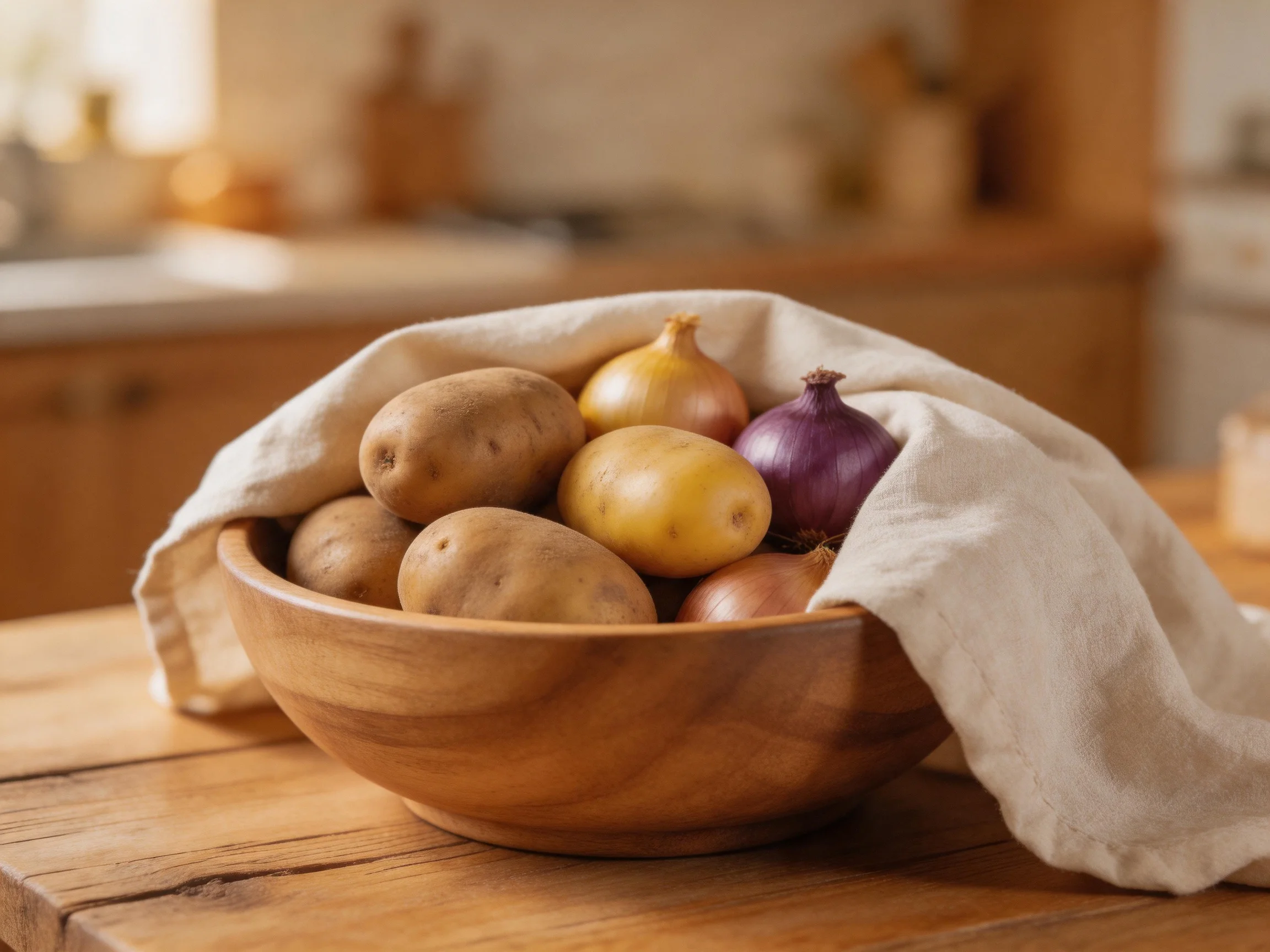 Rustic wooden bowl with potatoes, onions, and cloth in a cozy kitchen