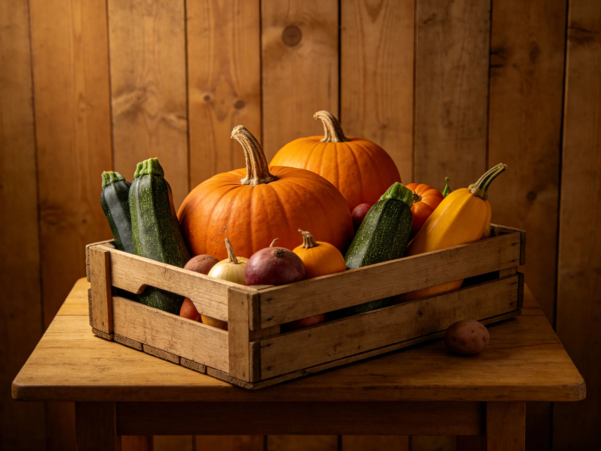 Rustic wooden crate holds vibrant autumn vegetables including pumpkins, zucchinis, and squashes