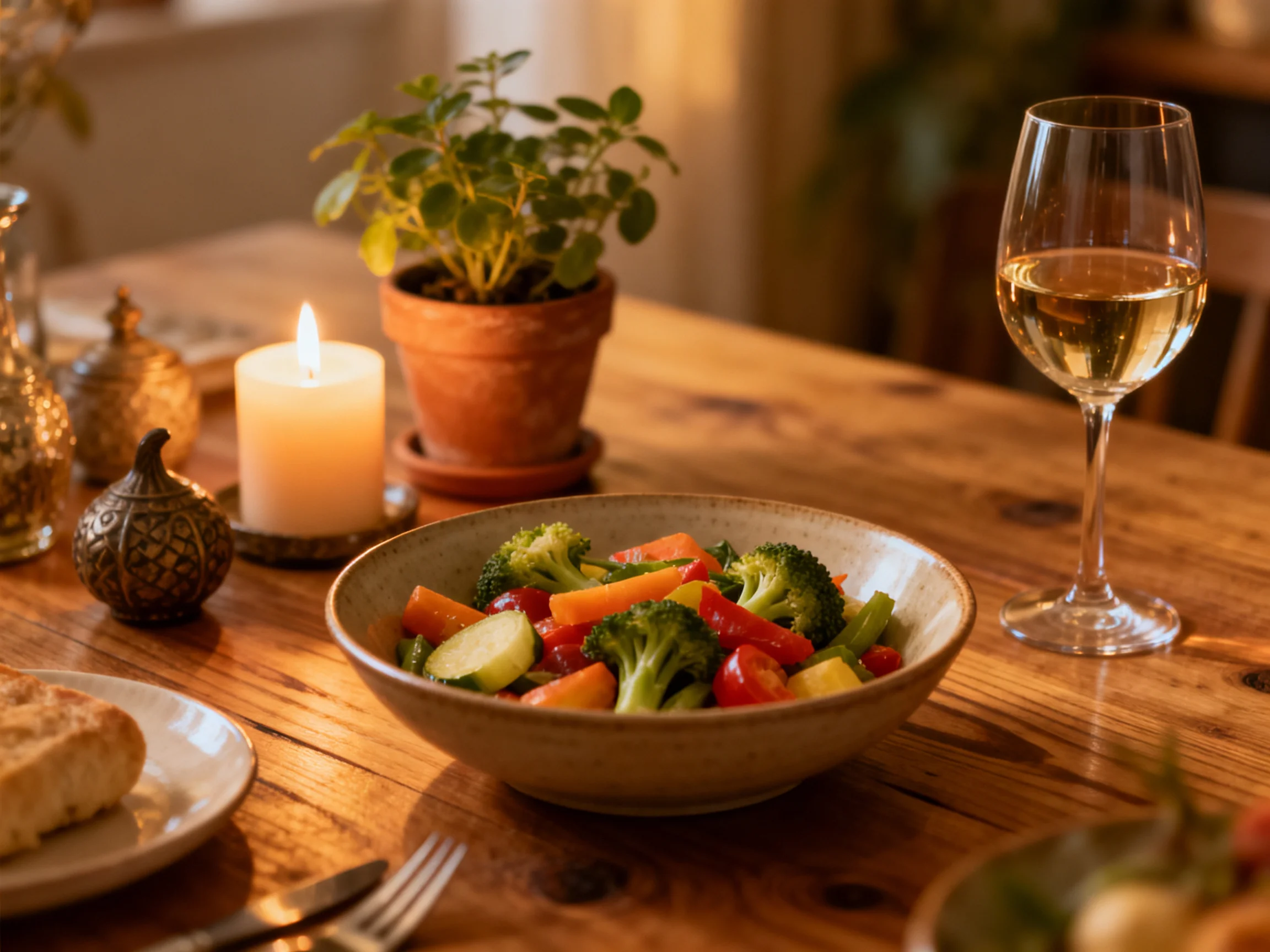 Rustic wooden table with vegetable salad, candle, and wine glass