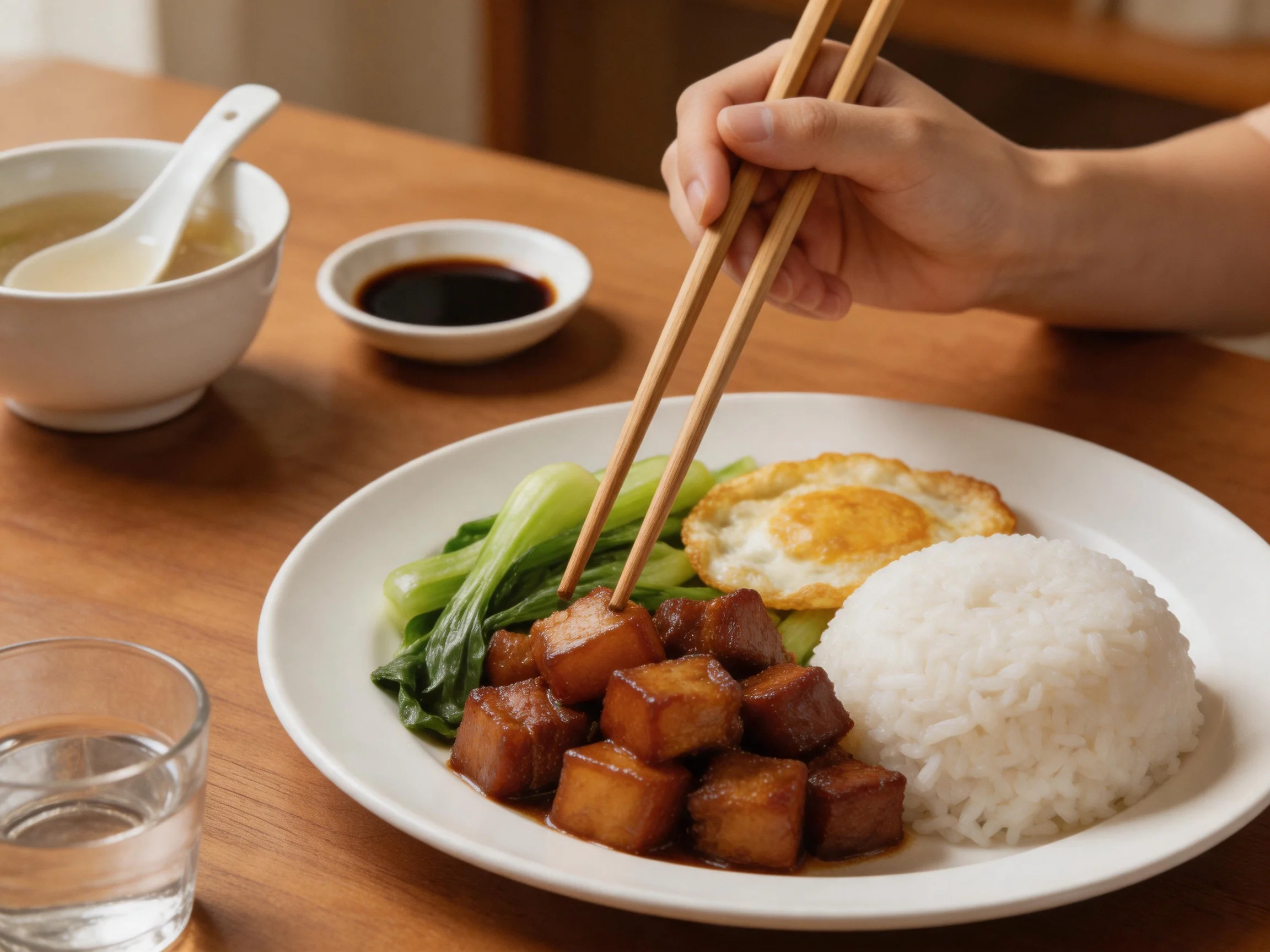 Savory pork cubes, white rice, and leafy greens served with chopsticks on a wooden table