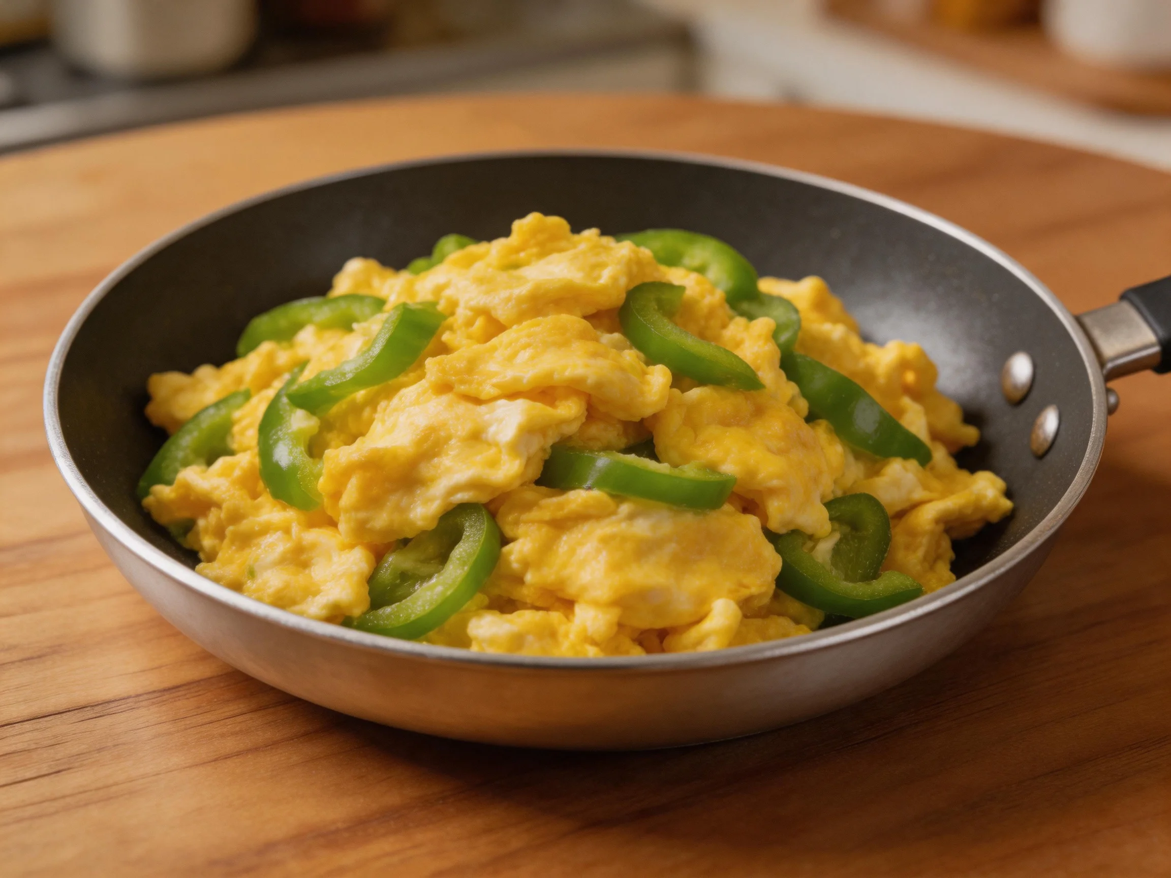 Scrambled eggs with sliced green peppers in a black frying pan
