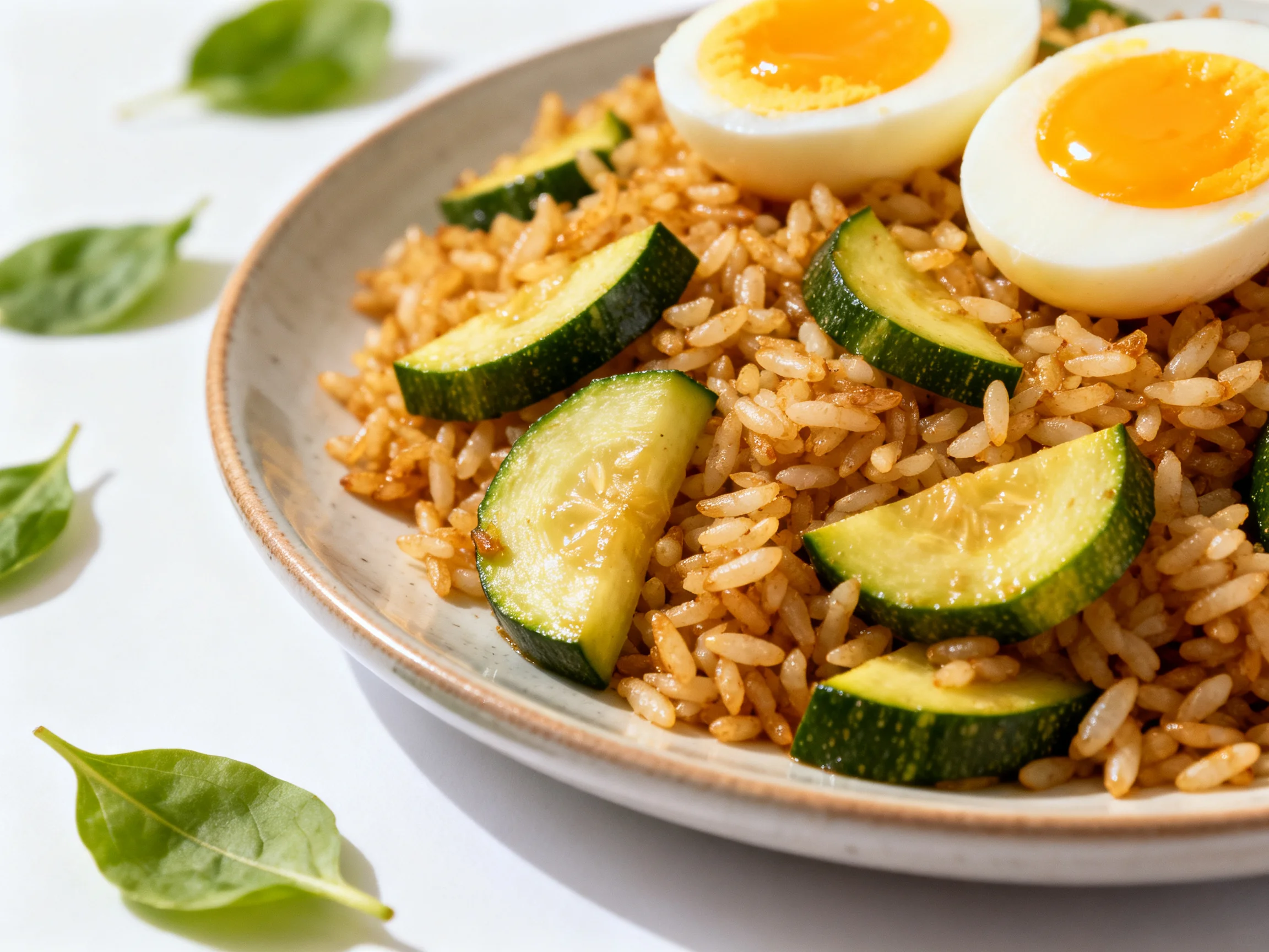 Seasoned brown rice with zucchini and soft-boiled egg halves