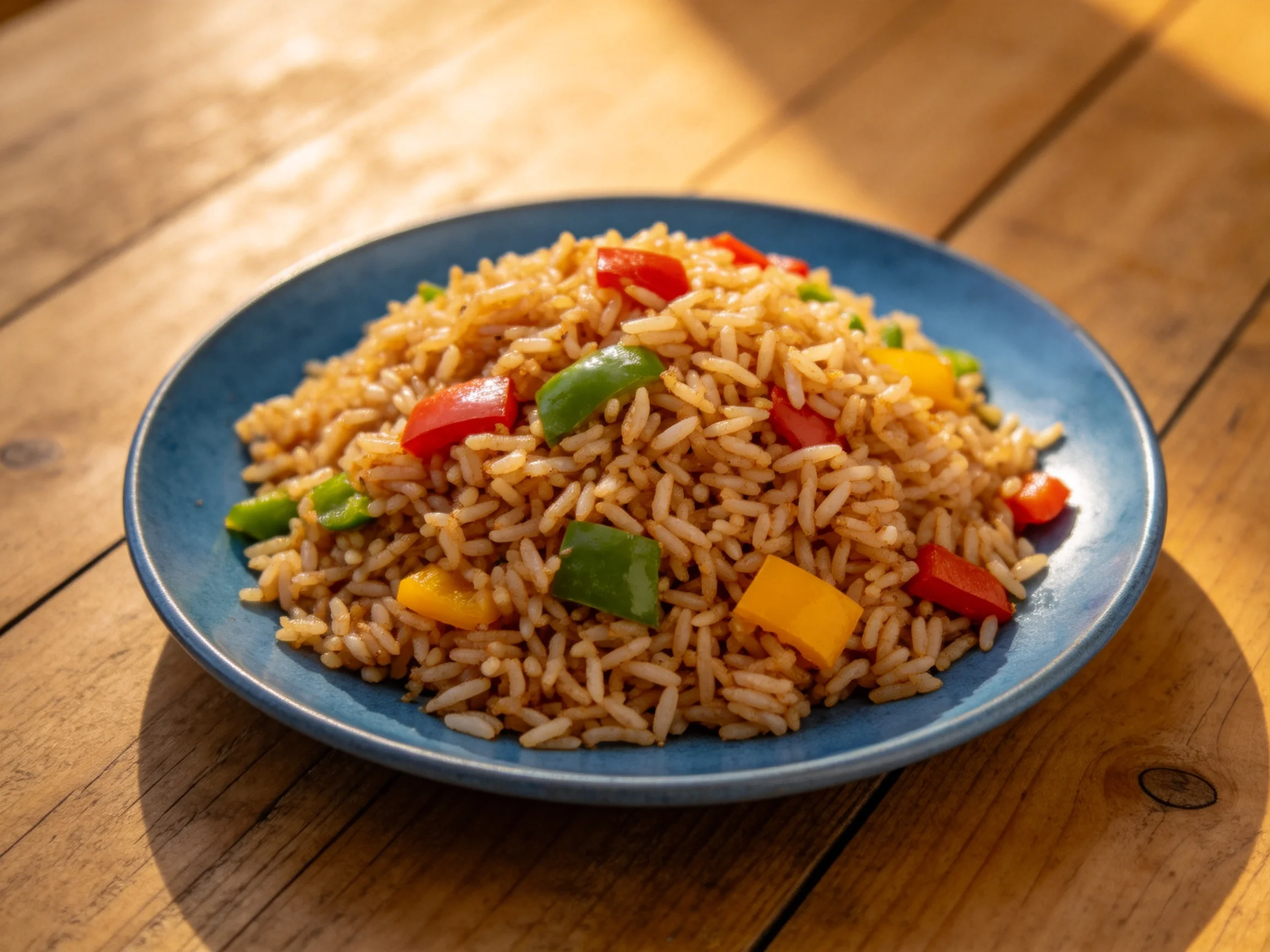 Seasoned fried rice with colorful peppers on a blue plate