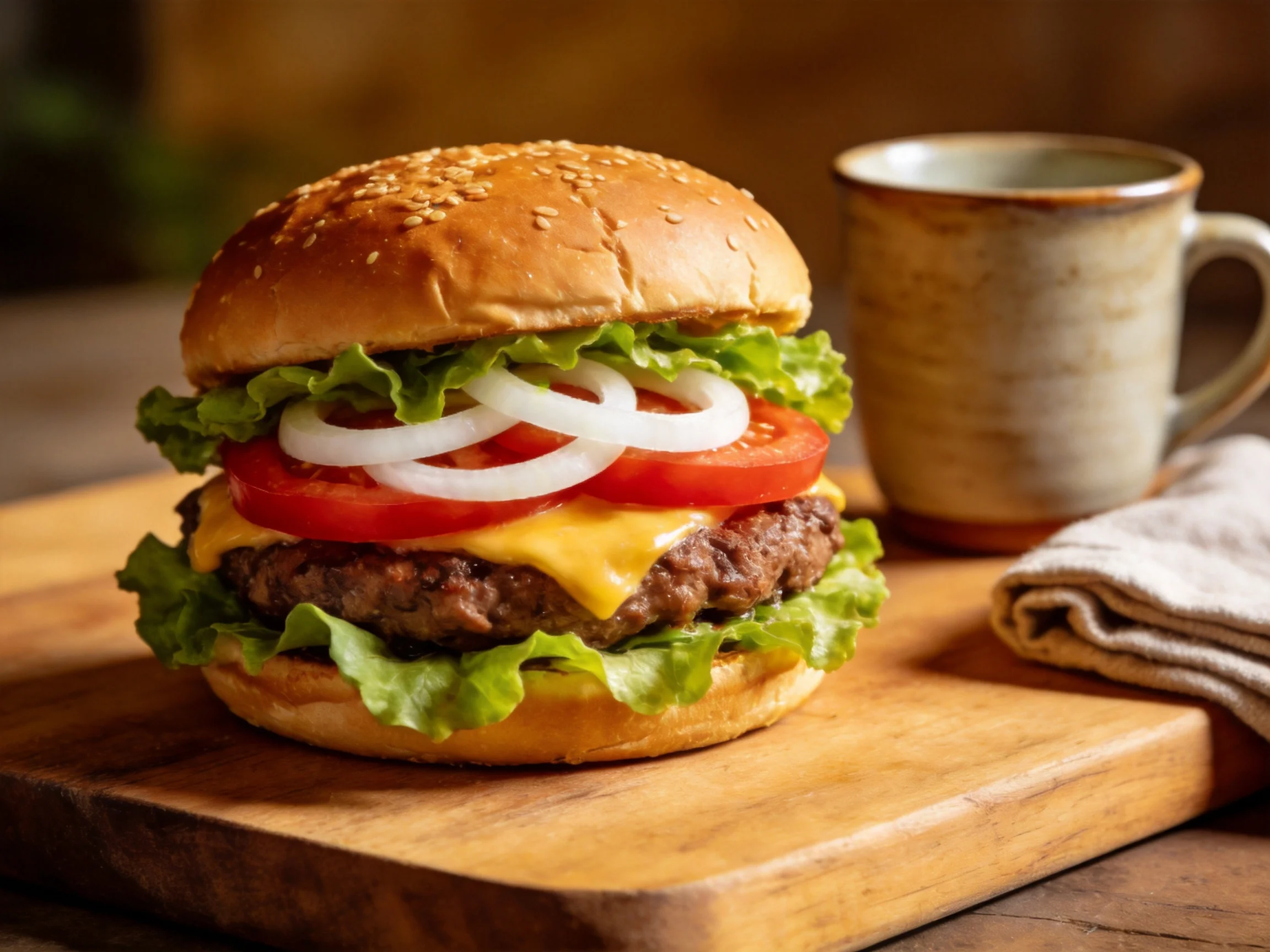 Sesame-topped burger with fresh vegetables, served on a wooden cutting board beside a ceramic mug