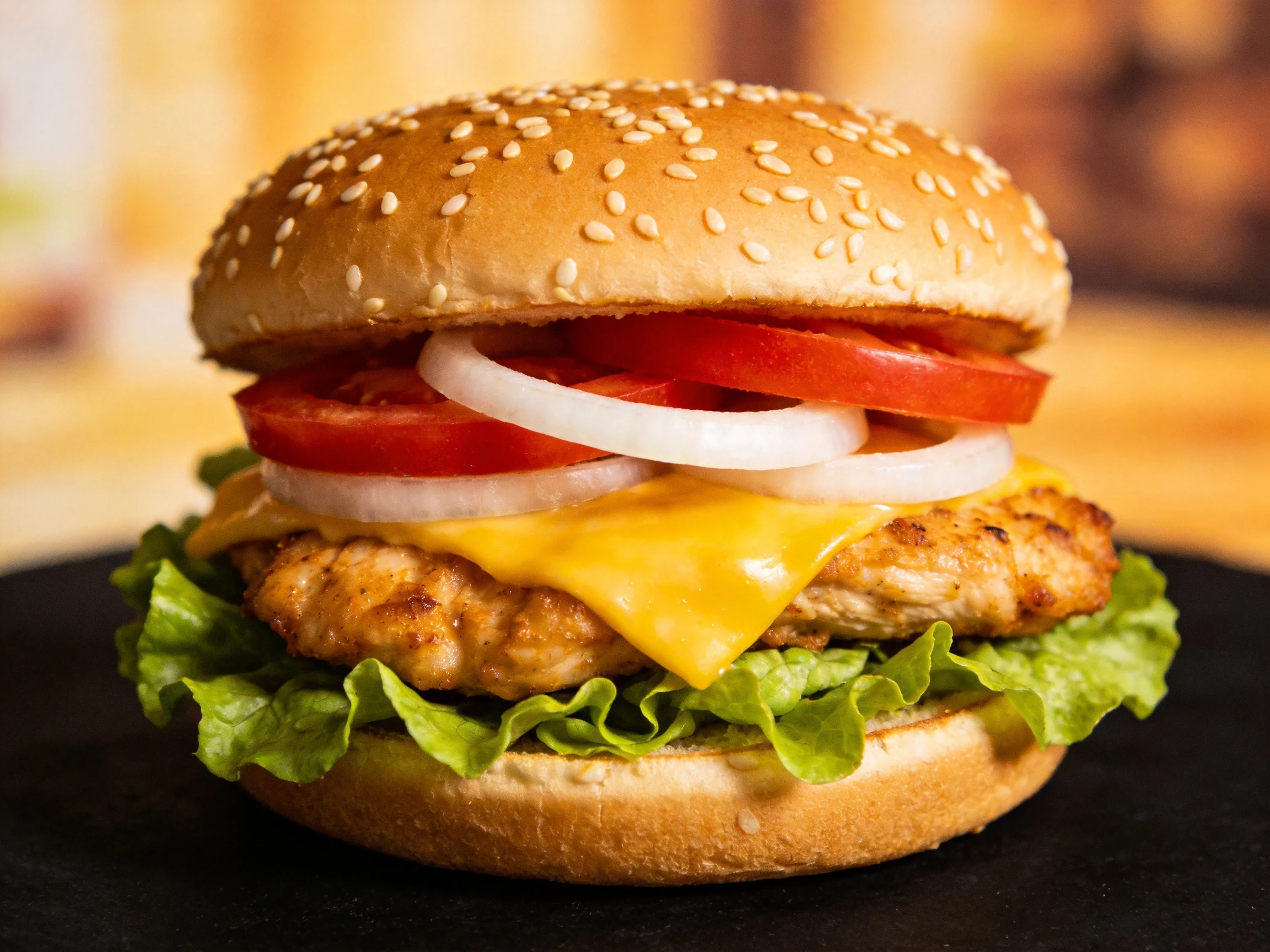 Sesame-topped chicken burger with melted cheese, tomato slices, onion rings, and fresh lettuce
