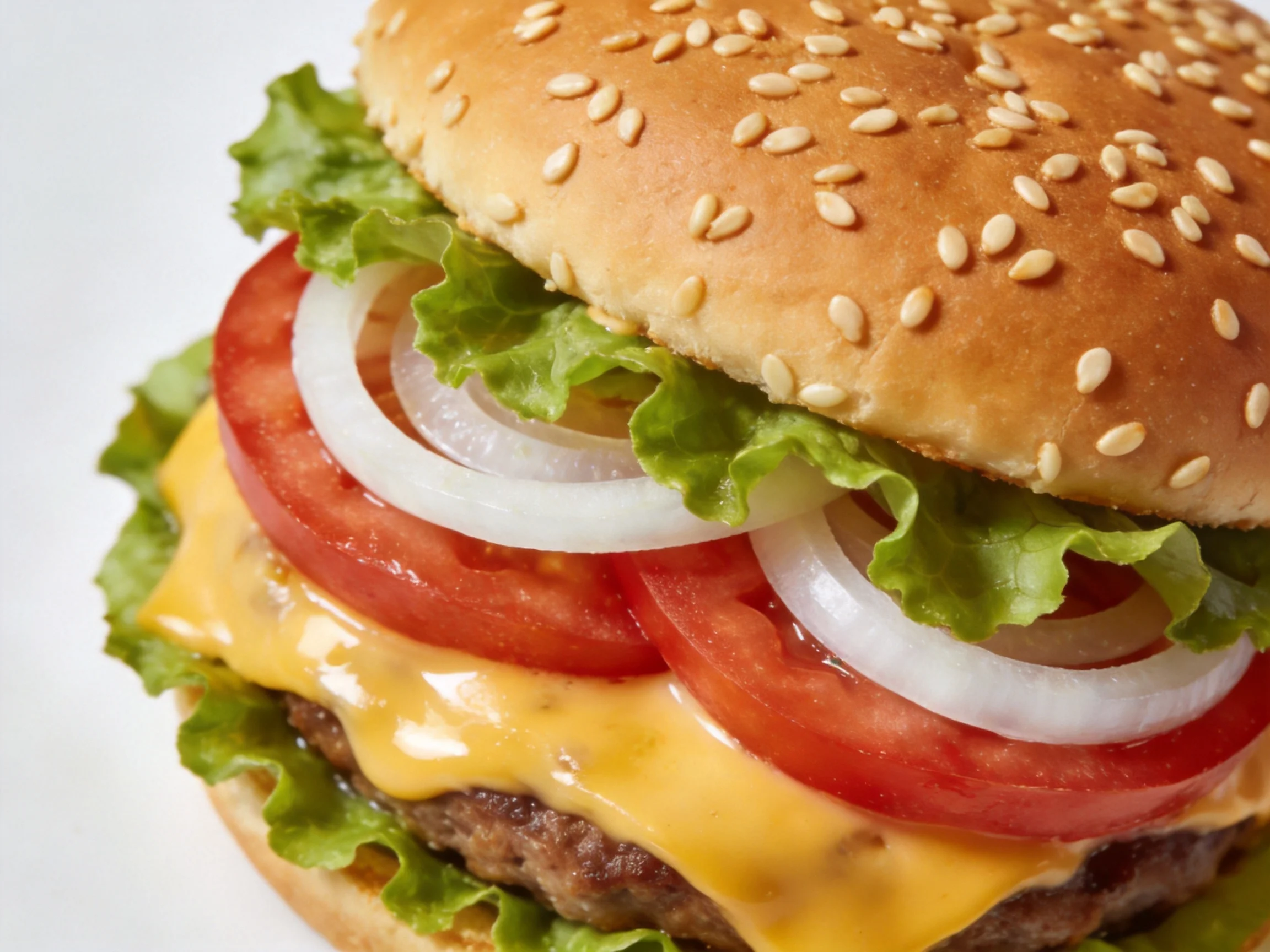 Sesame-topped hamburger with lettuce, tomato, onion, cheese, and beef patty