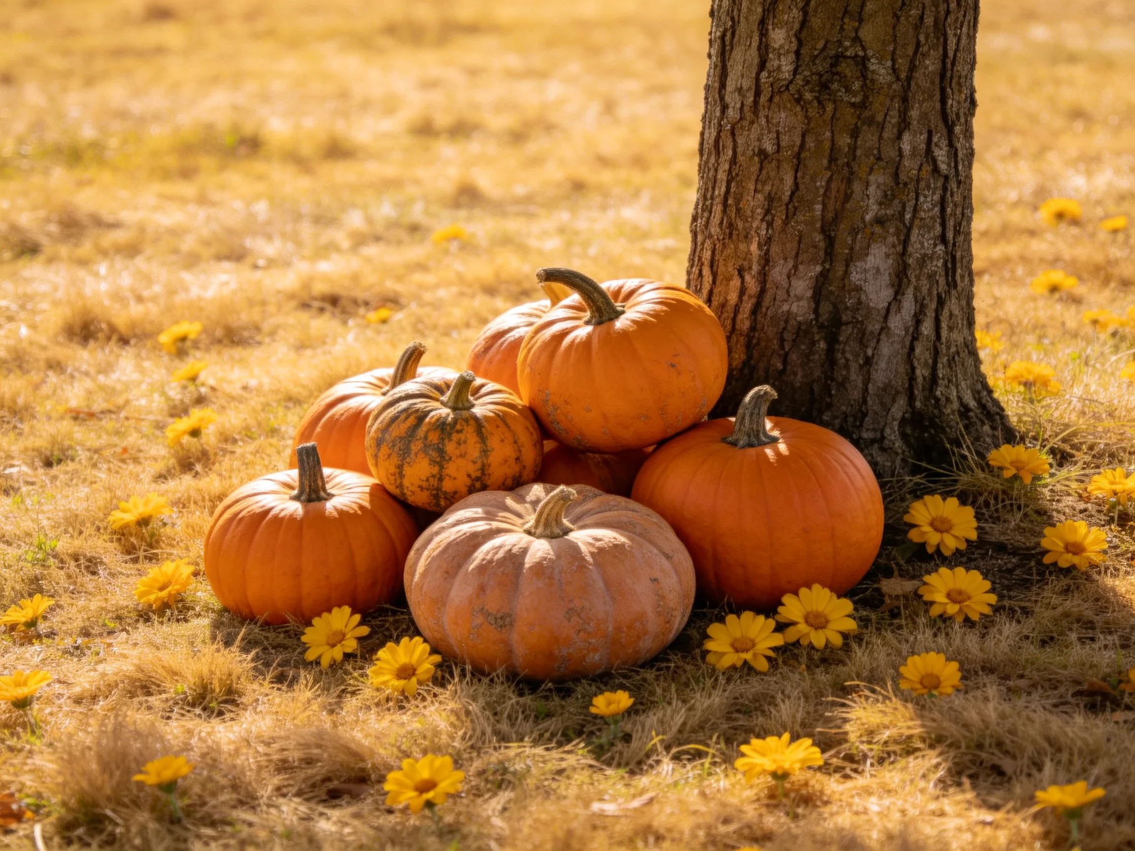 Seven assorted pumpkins gather by a tree trunk amid yellow wildflowers