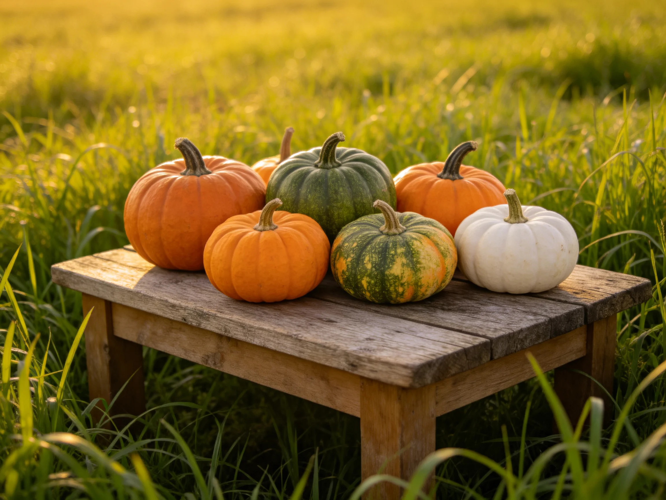 Seven colorful small pumpkins arranged on a weathered wooden table in a sunlit grassy field