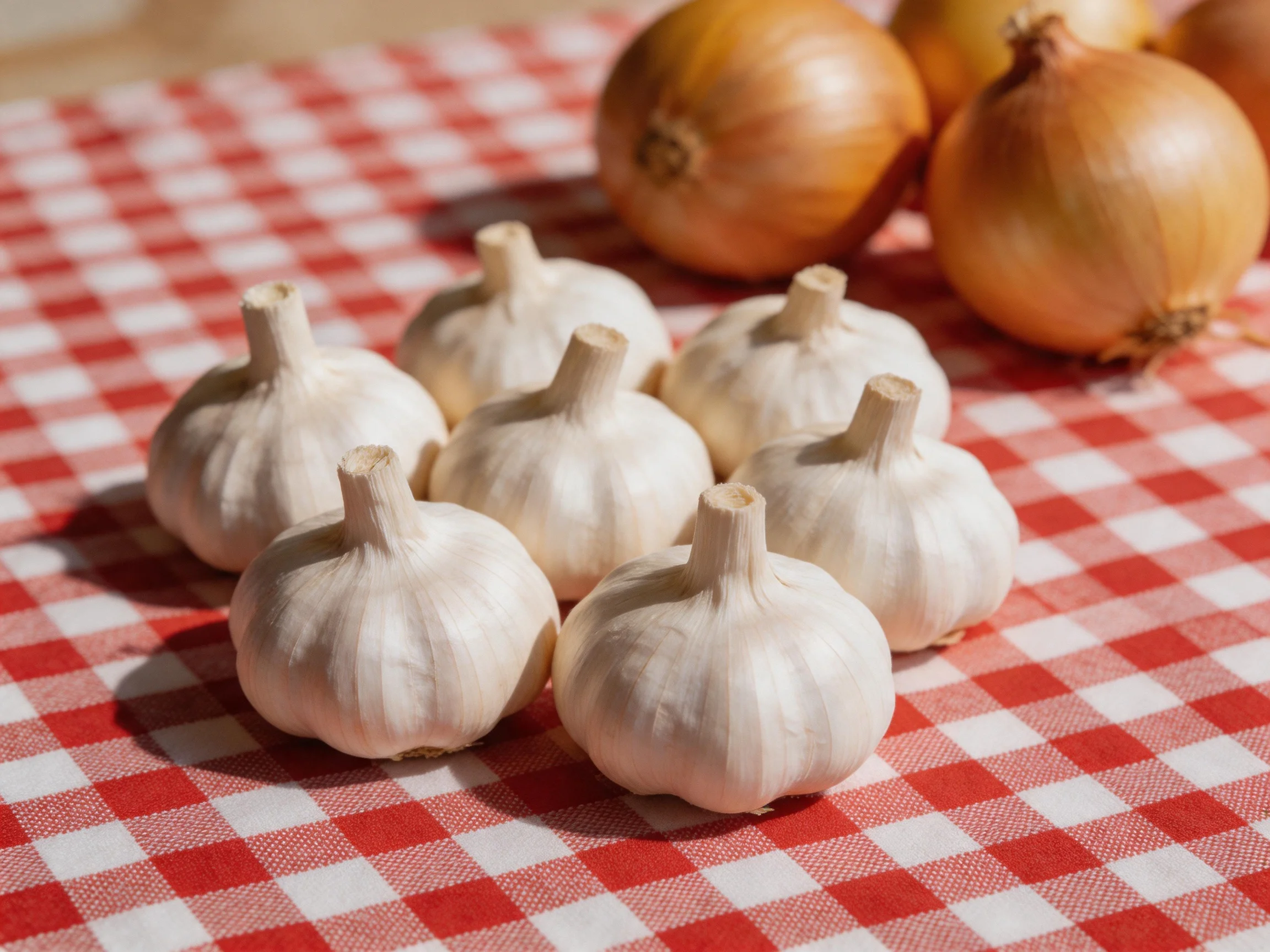 Seven garlic bulbs and three onions arranged on a red-and-white checkered cloth