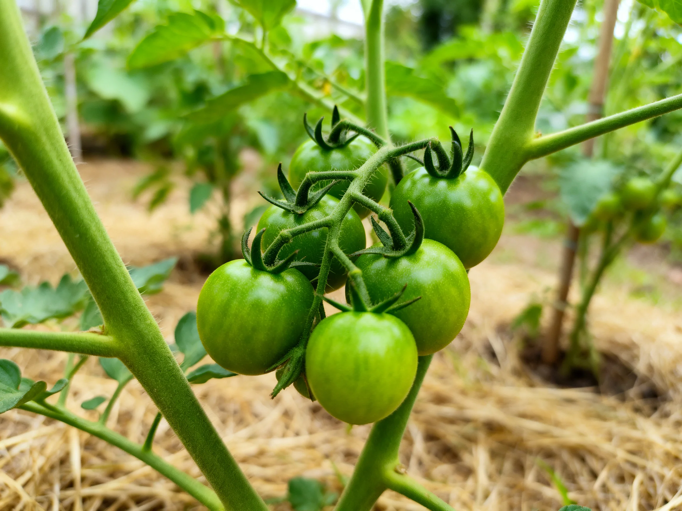 Seven green cherry tomatoes cluster on a vine in a straw-covered garden bed