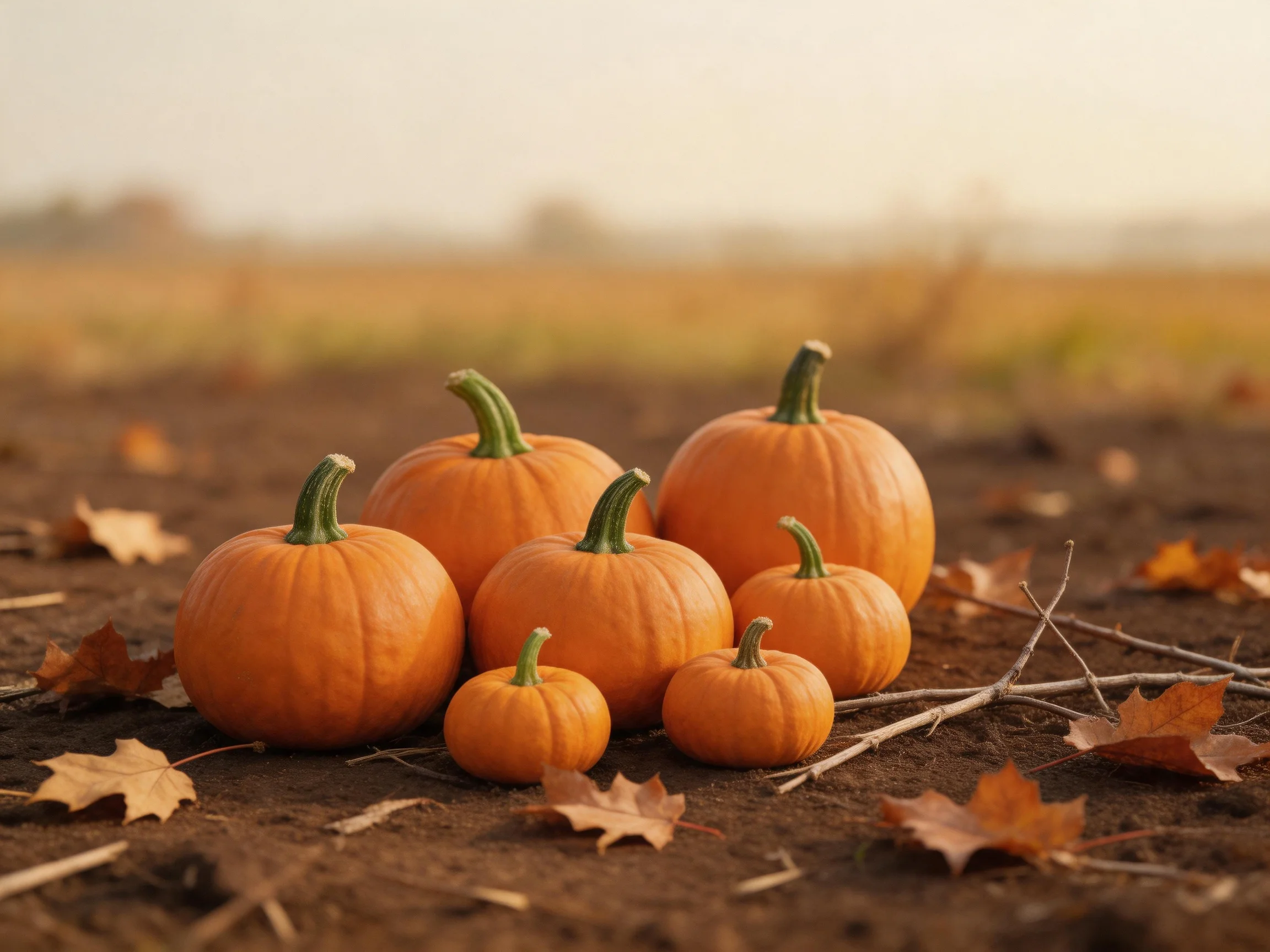 Seven small-to-medium orange pumpkins grouped on earth with autumn foliage