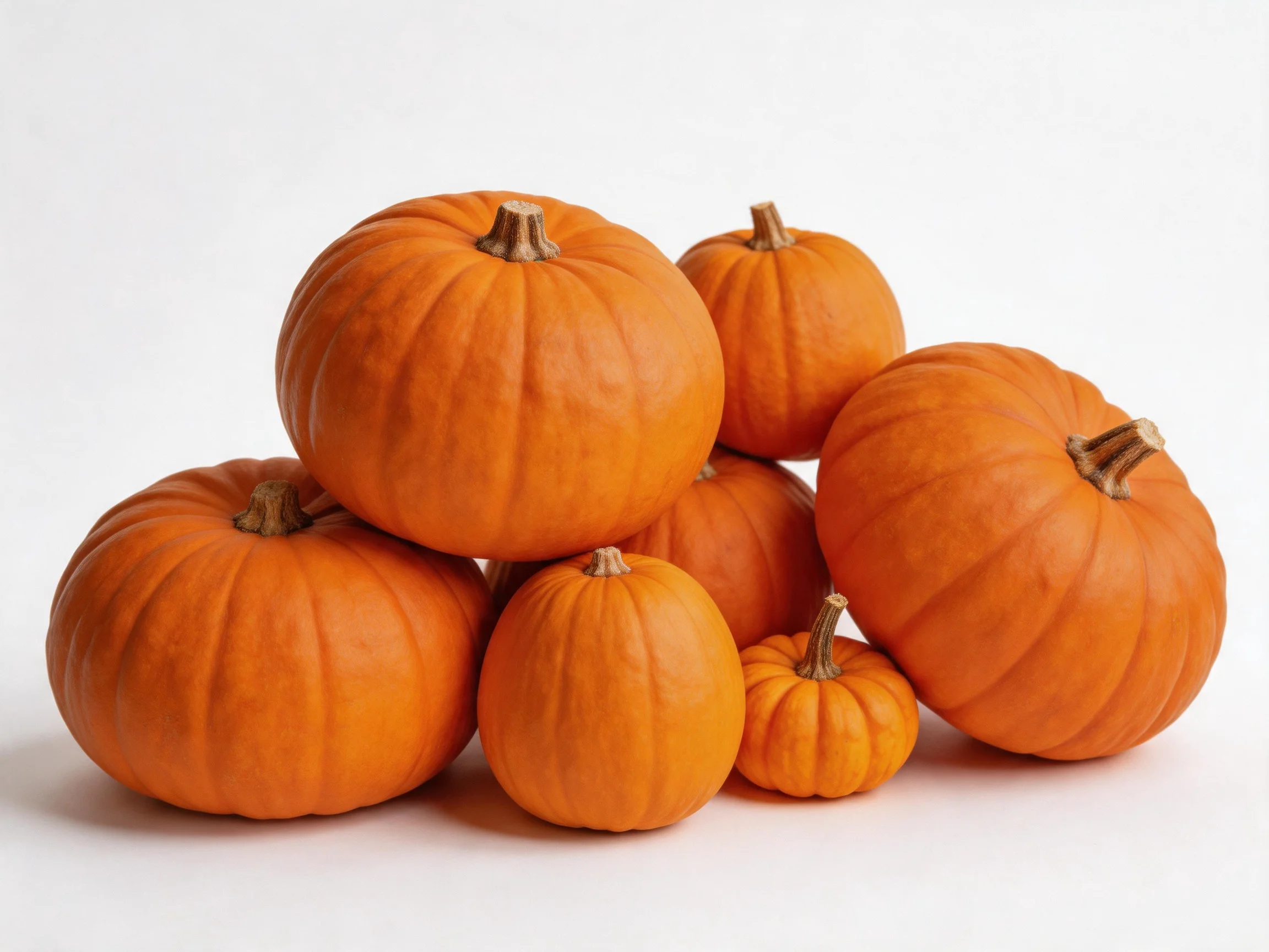 Seven vibrant orange pumpkins arranged in a cluster on a white surface