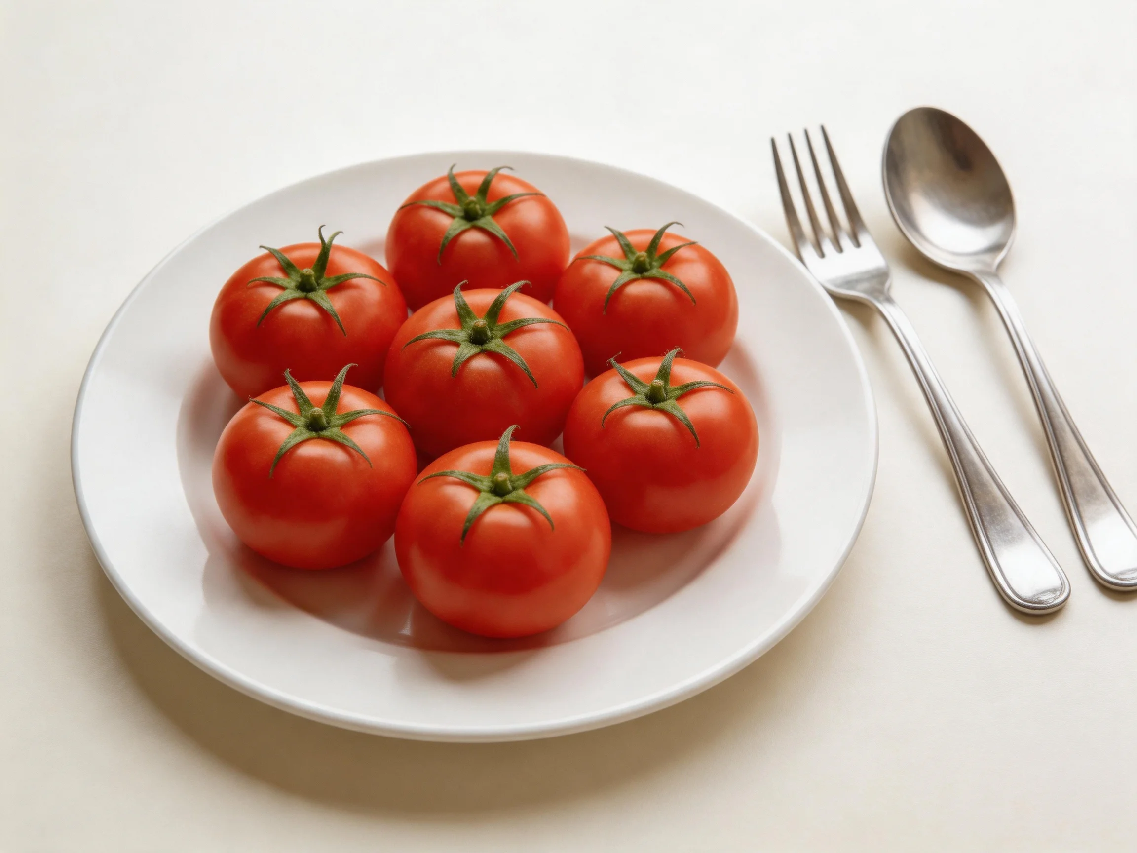 Seven vibrant red tomatoes displayed on a white plate with silverware