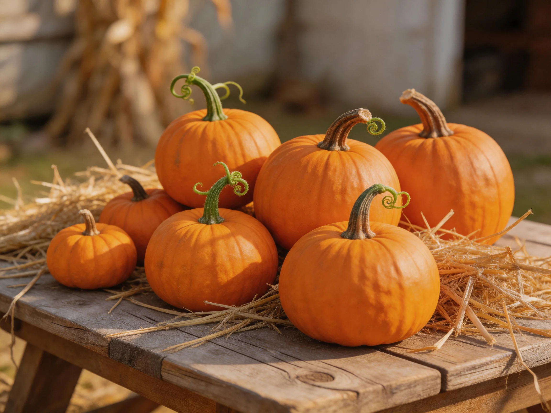 Several bright orange pumpkins arranged on a rustic wooden table with straw
