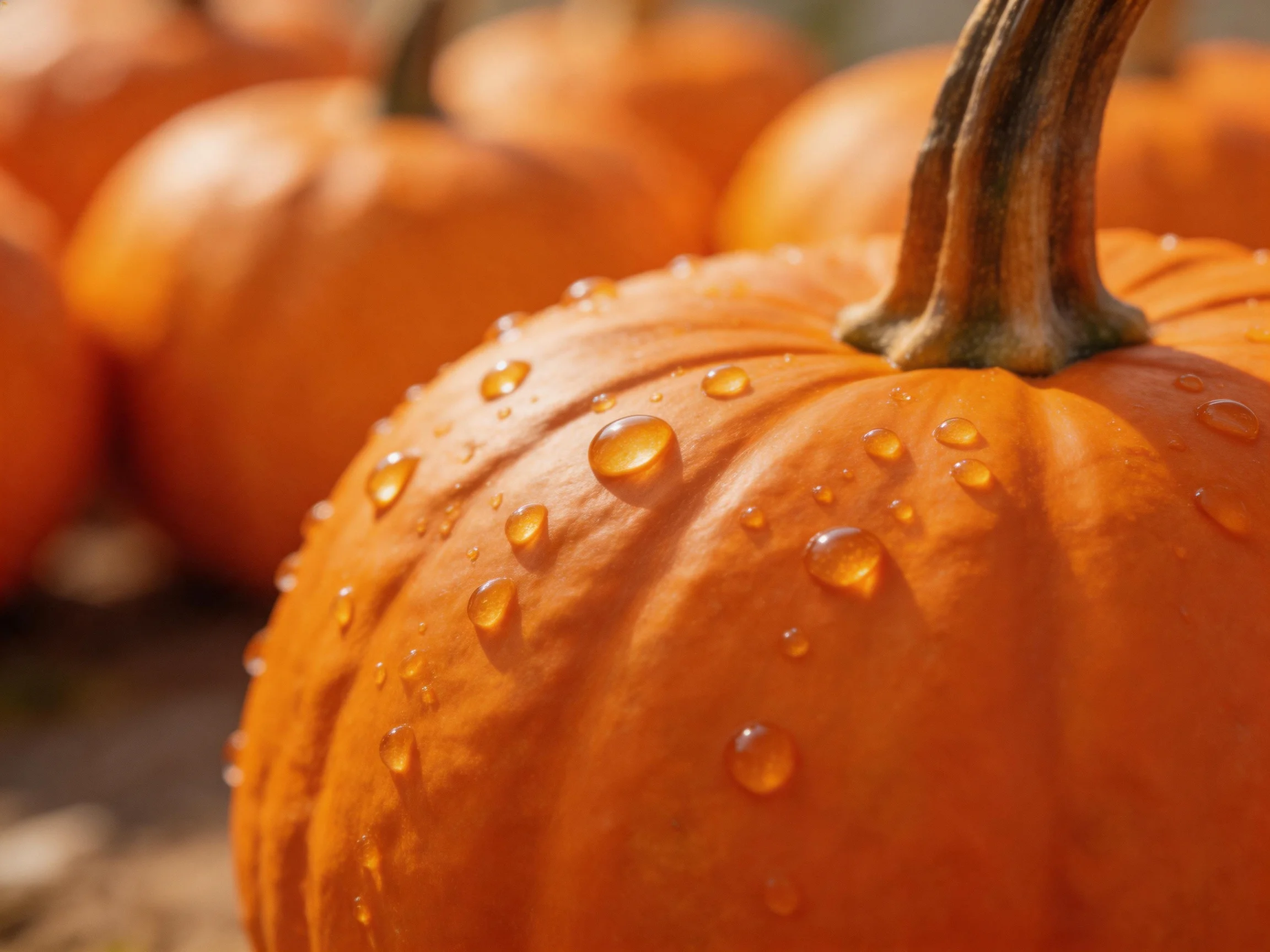 Several bright orange pumpkins with glistening water droplets