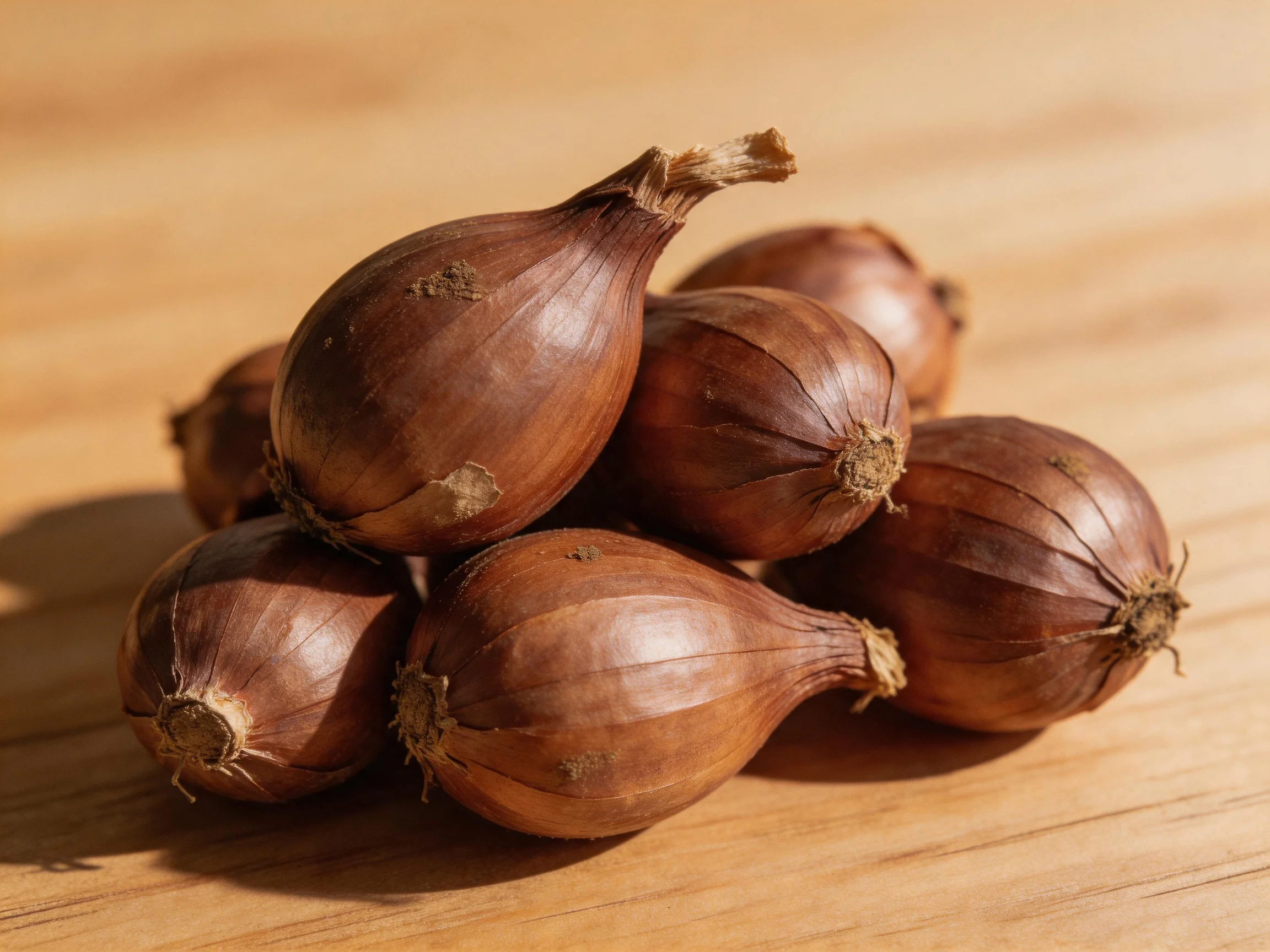 Several brown shallot bulbs clustered on a light wooden surface