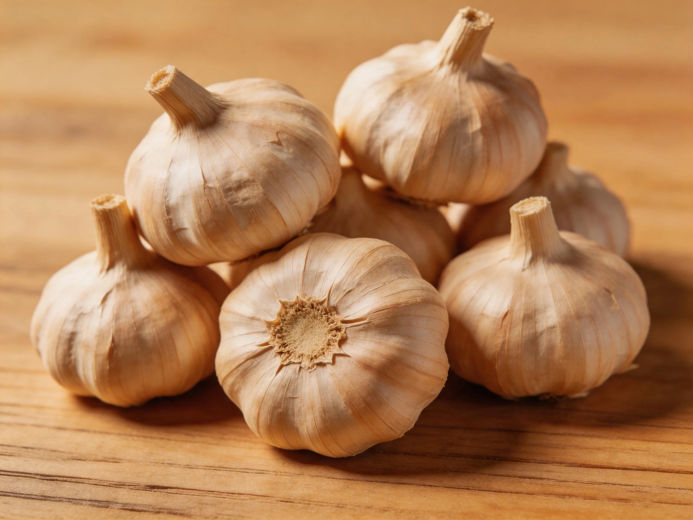 Several cream-colored garlic bulbs clustered on a wooden surface