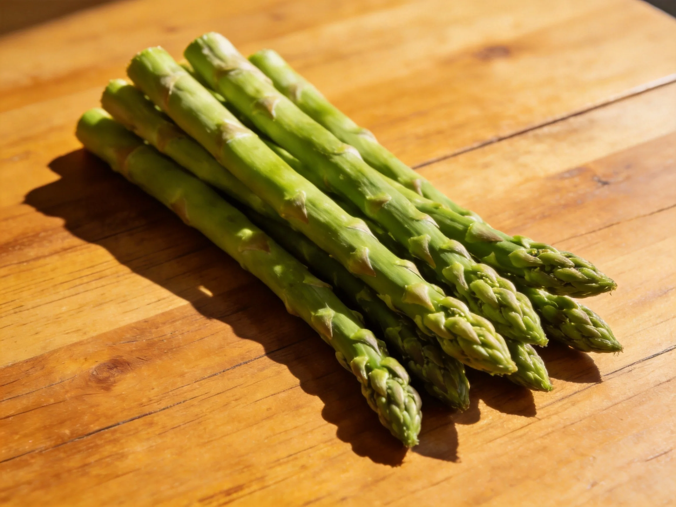 Several fresh green asparagus spears on a wooden surface