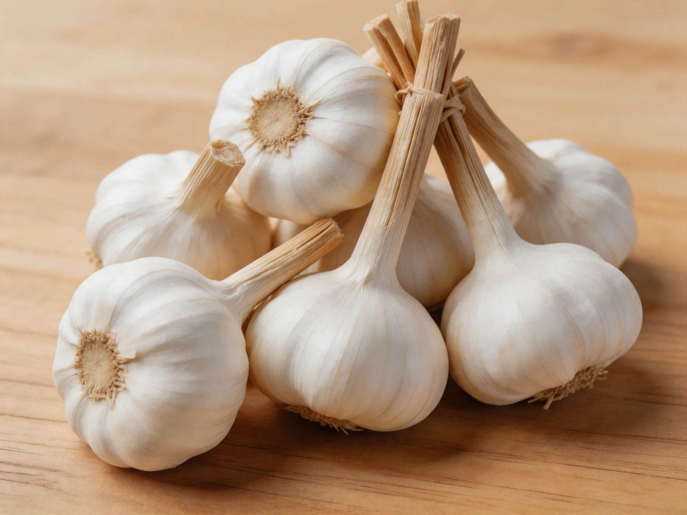 Several fresh white garlic bulbs with brown stems arranged on a wooden surface