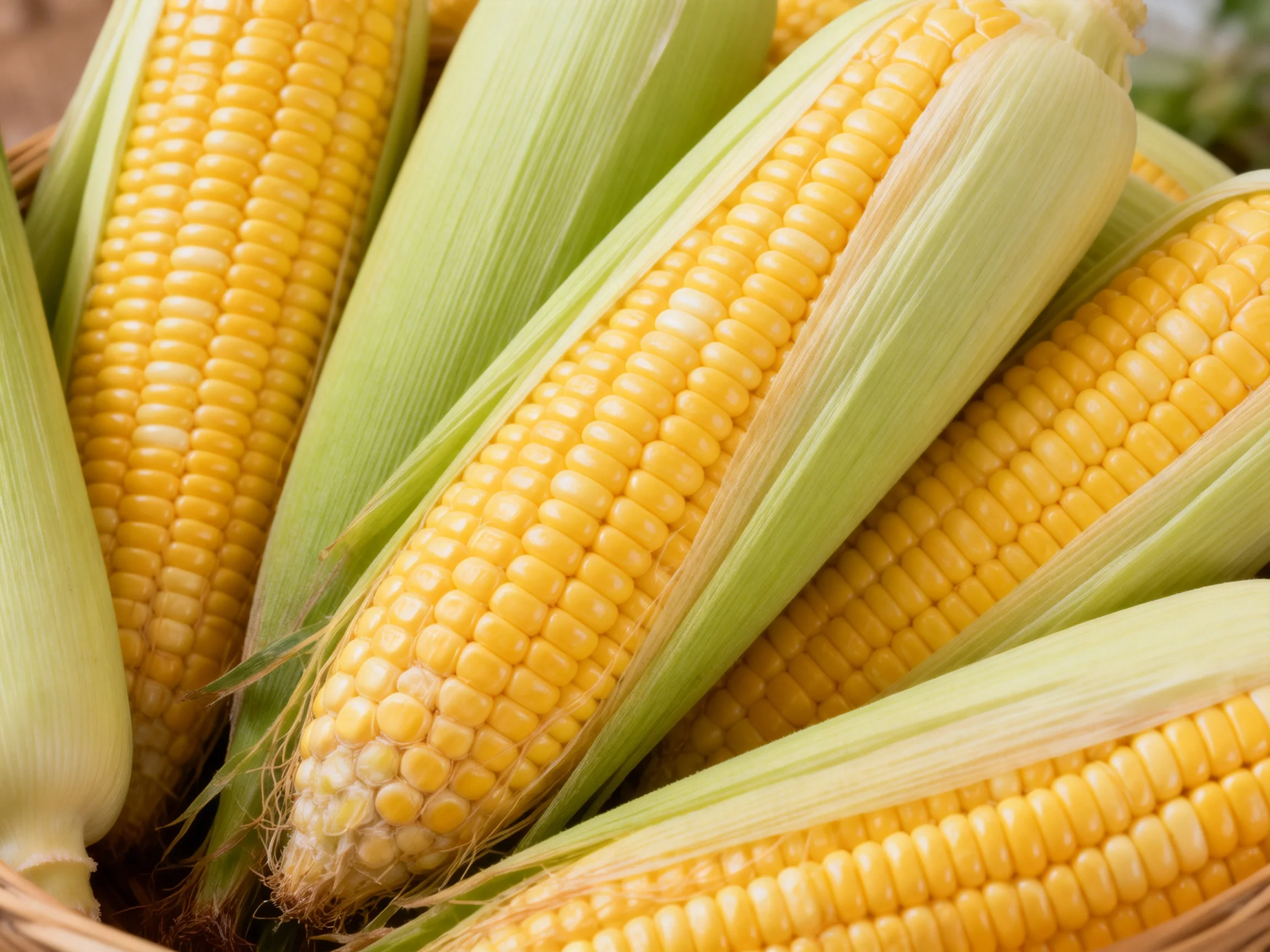 Several fresh yellow corn cobs with green husks arranged closely together