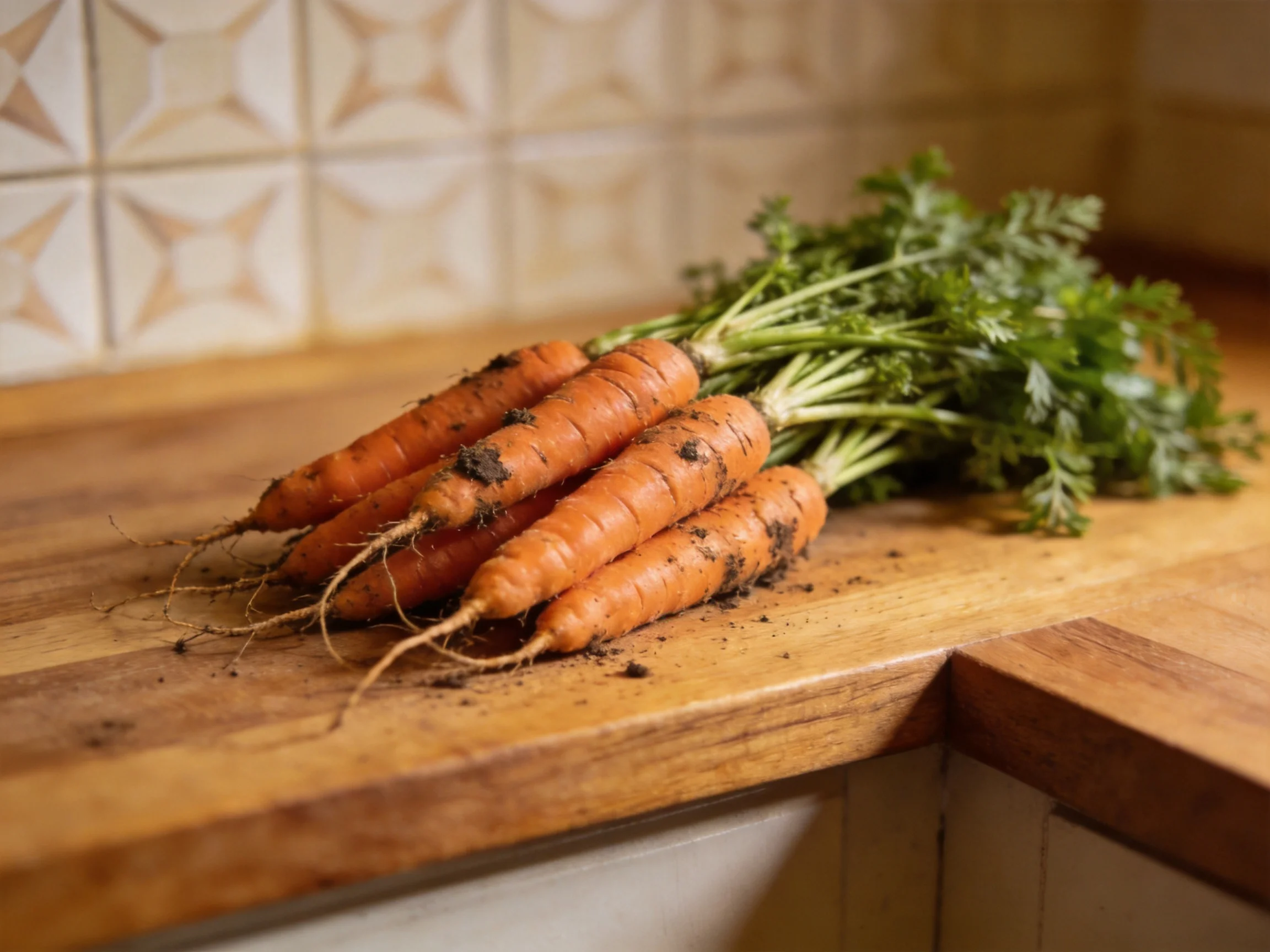 Several freshly harvested carrots with soil residue on a wooden kitchen counter