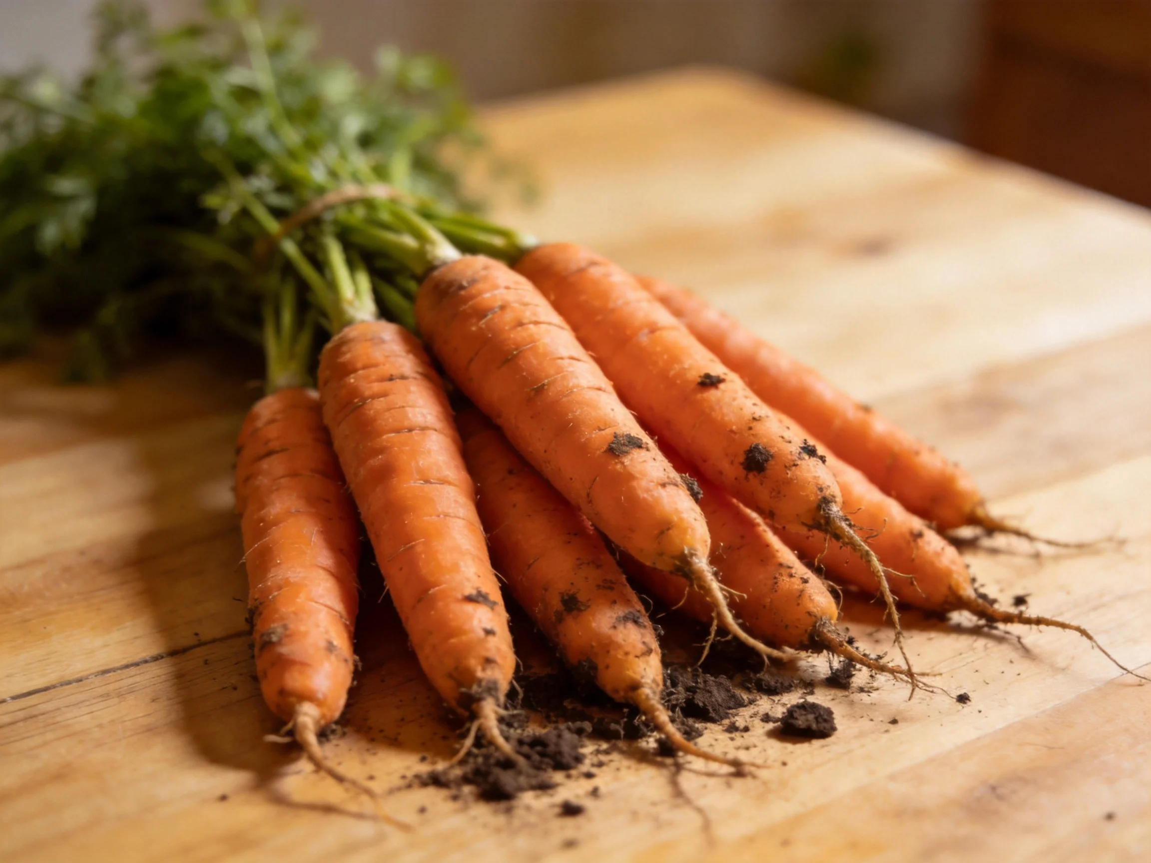 Several freshly harvested orange carrots with soil residue on a wooden cutting board