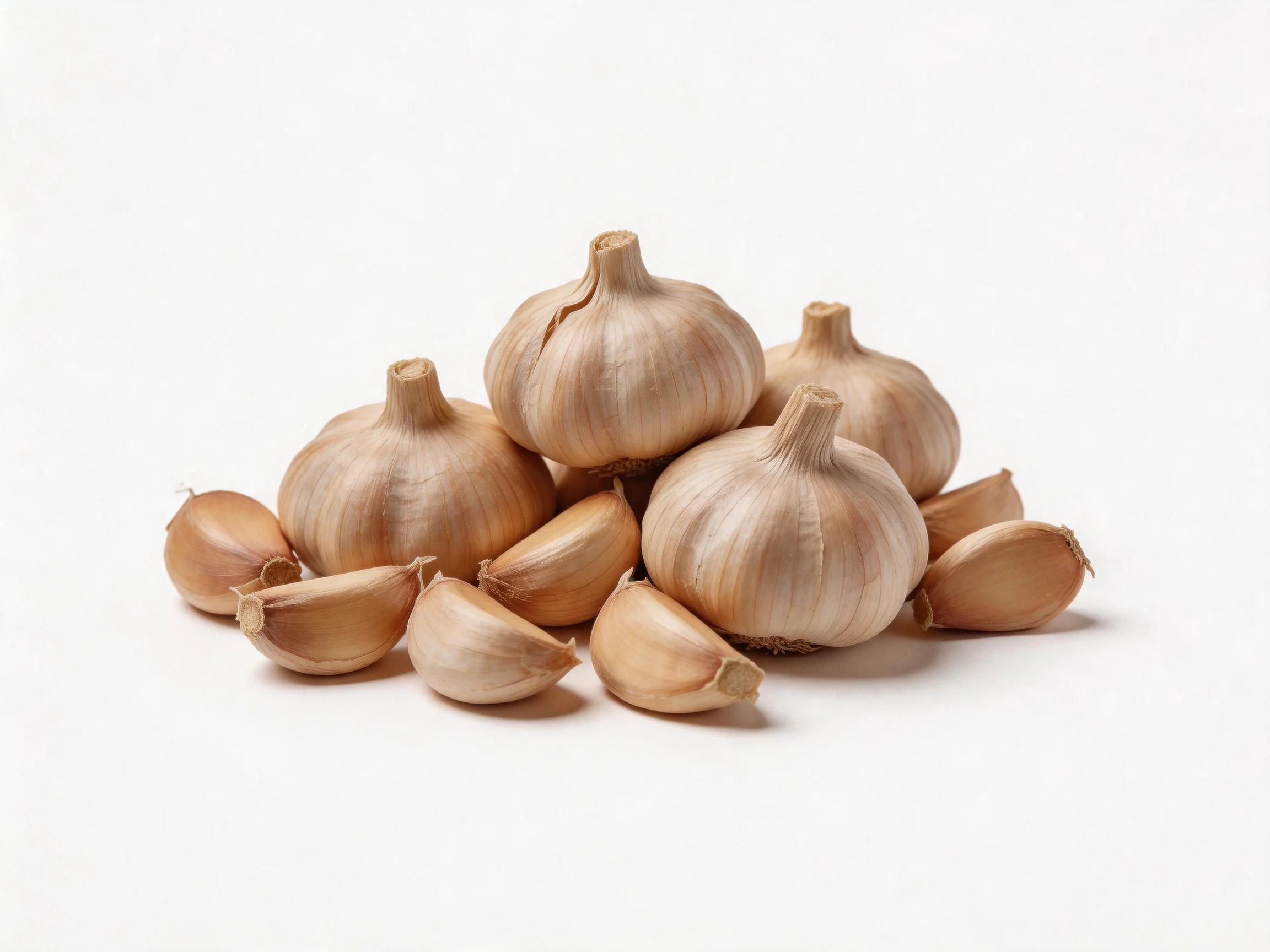 Several garlic bulbs and cloves arranged on a white background
