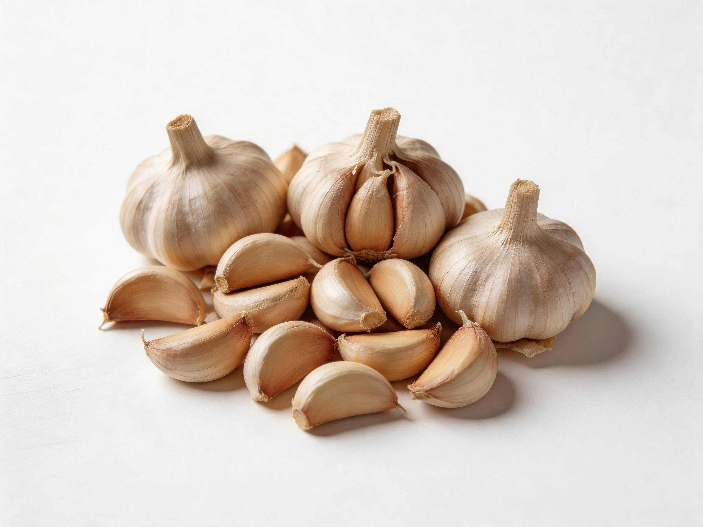 Several garlic bulbs and scattered cloves on a white surface