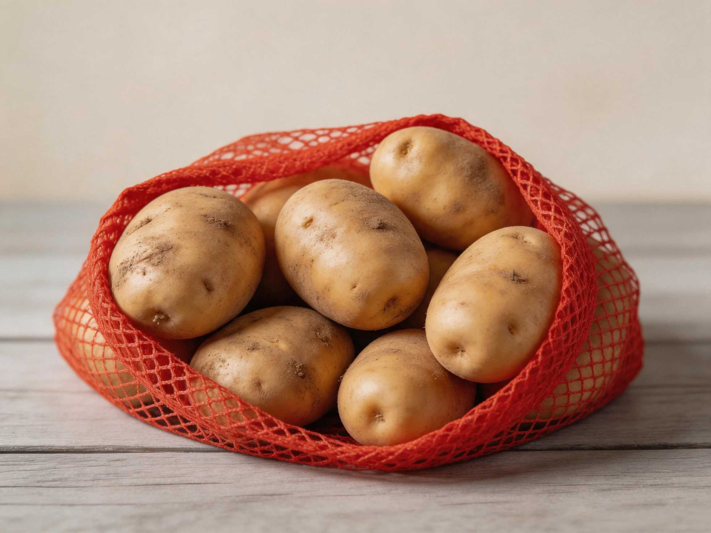 Several potatoes in a bright red mesh bag on a wooden surface