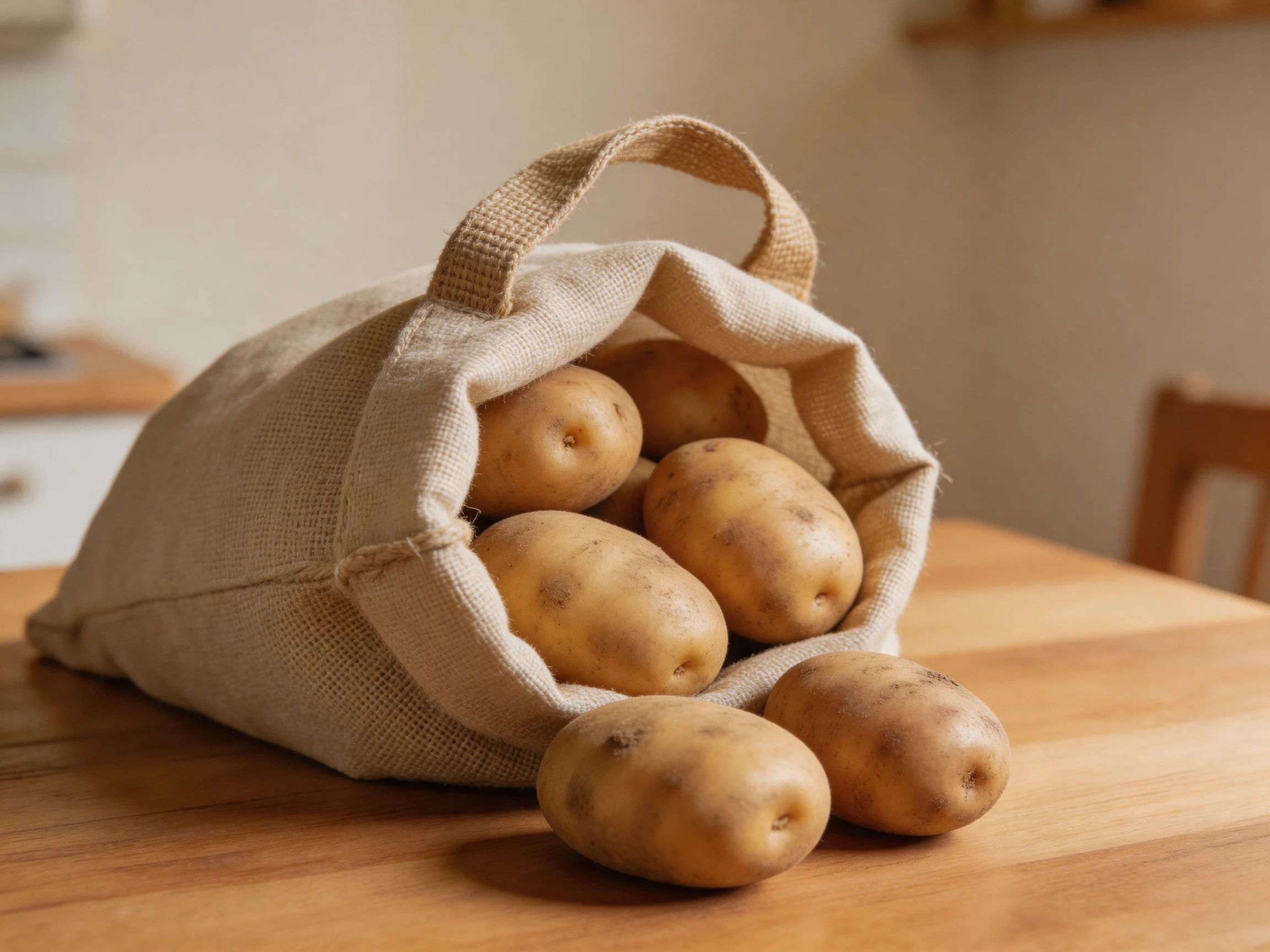 Several potatoes spilling from a beige burlap sack onto a wooden surface