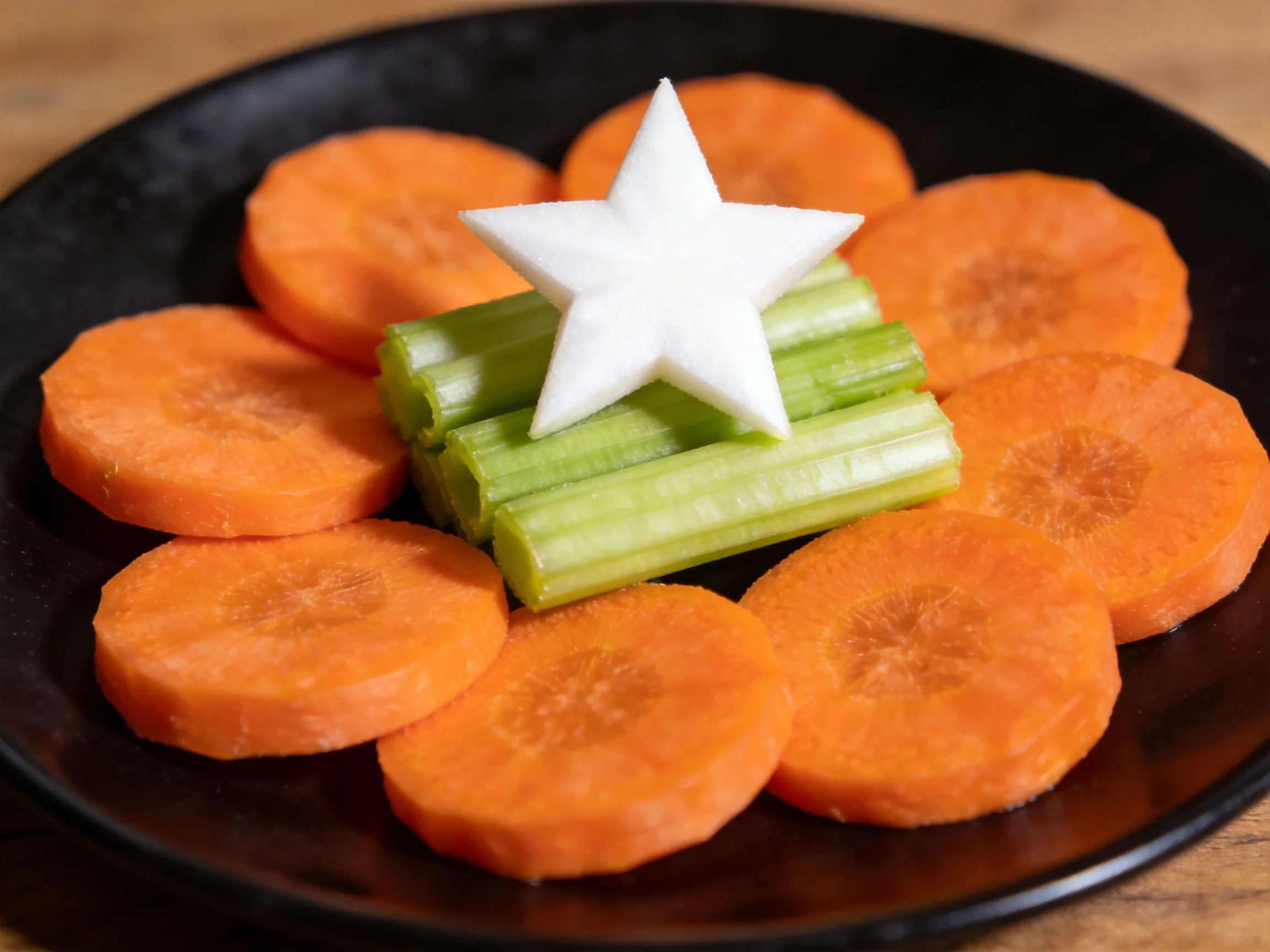 Several sliced orange carrots, celery sticks, and a white star vegetable on a black plate