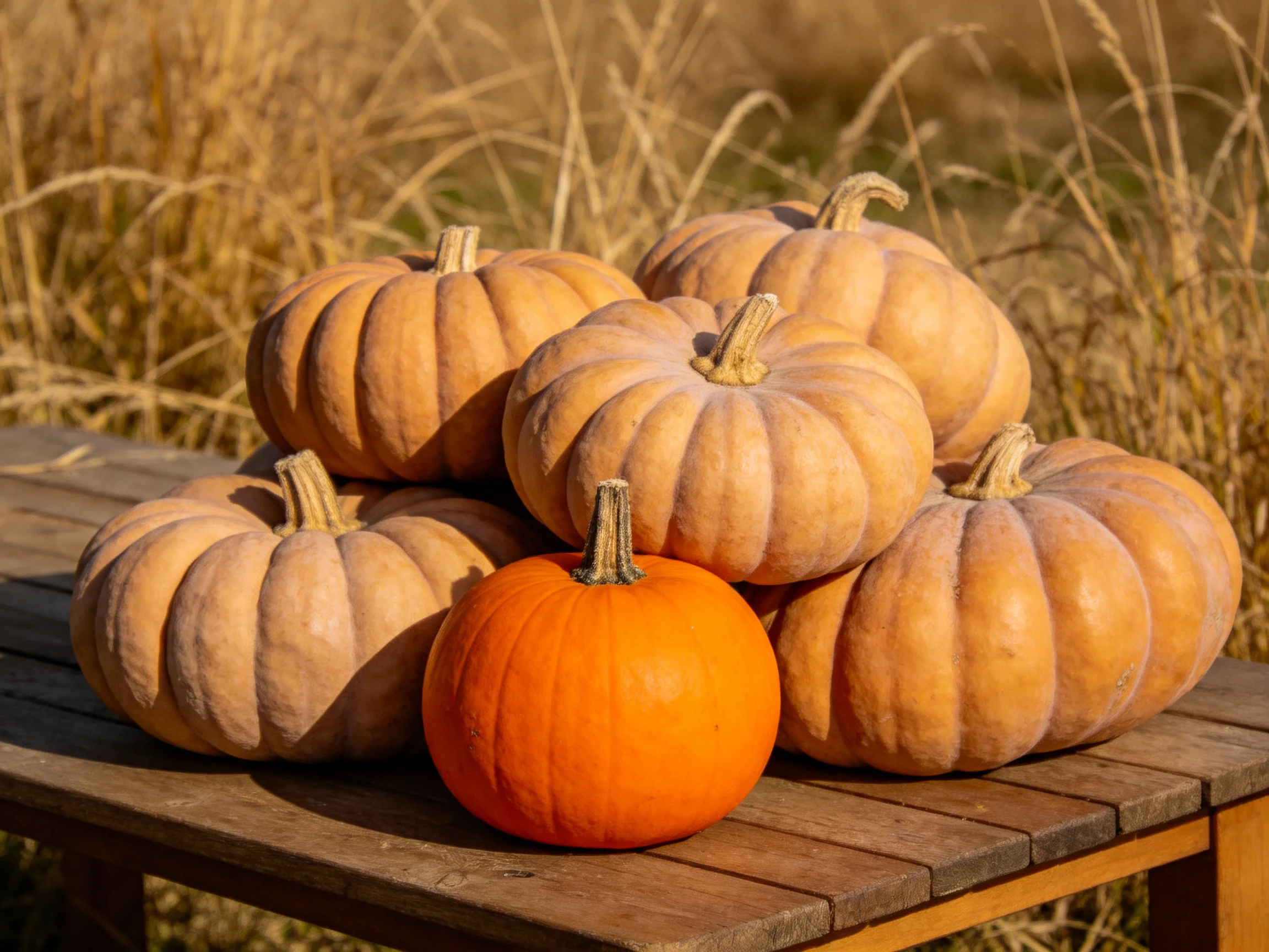Several small pumpkins on a wooden table, one bright orange