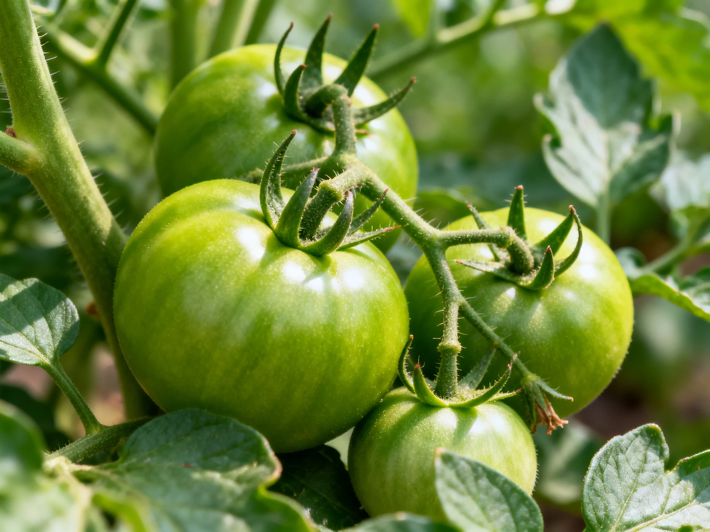 Several unripe green tomatoes clustered on a tomato plant with lush leaves
