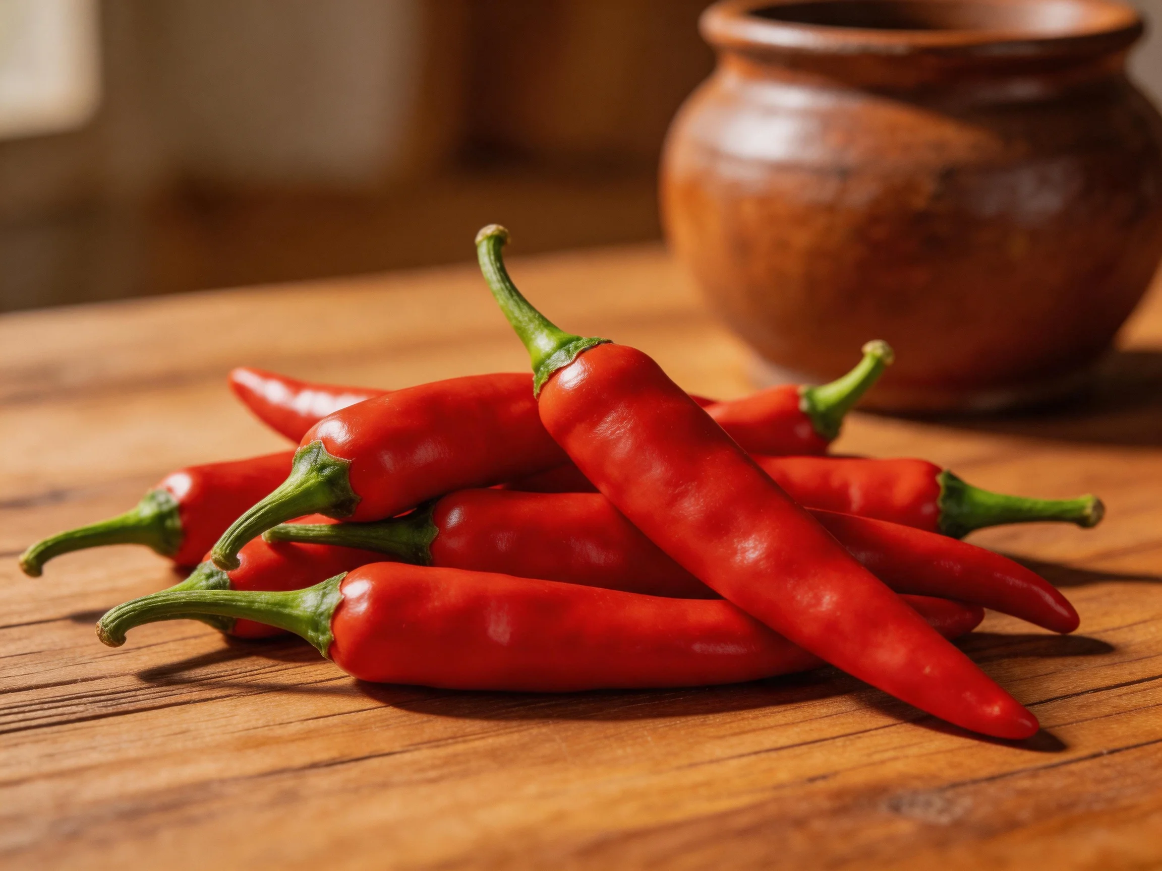 Several vibrant red chili peppers piled on a wooden surface near a brown pot