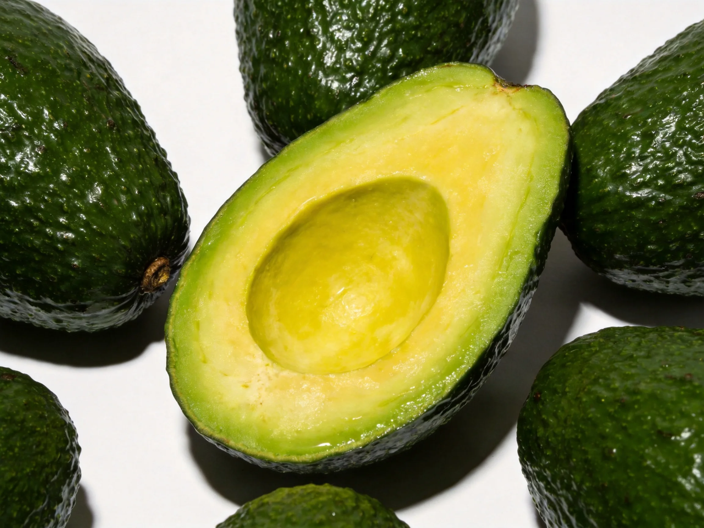 Several whole dark green avocados surround one halved avocado revealing bright yellow-green flesh.