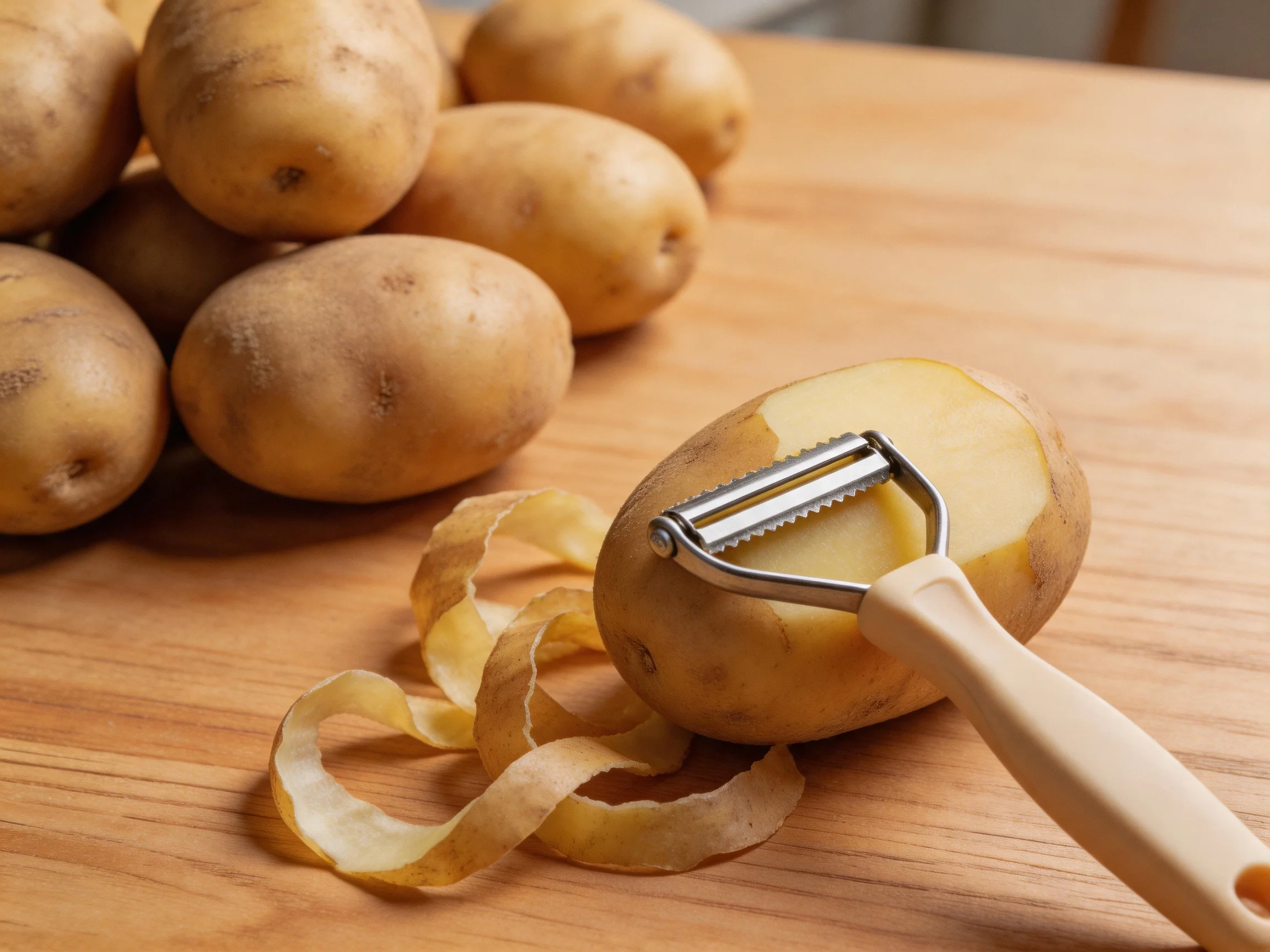 Several whole potatoes, one peeled with peeler and skin strips on wooden surface