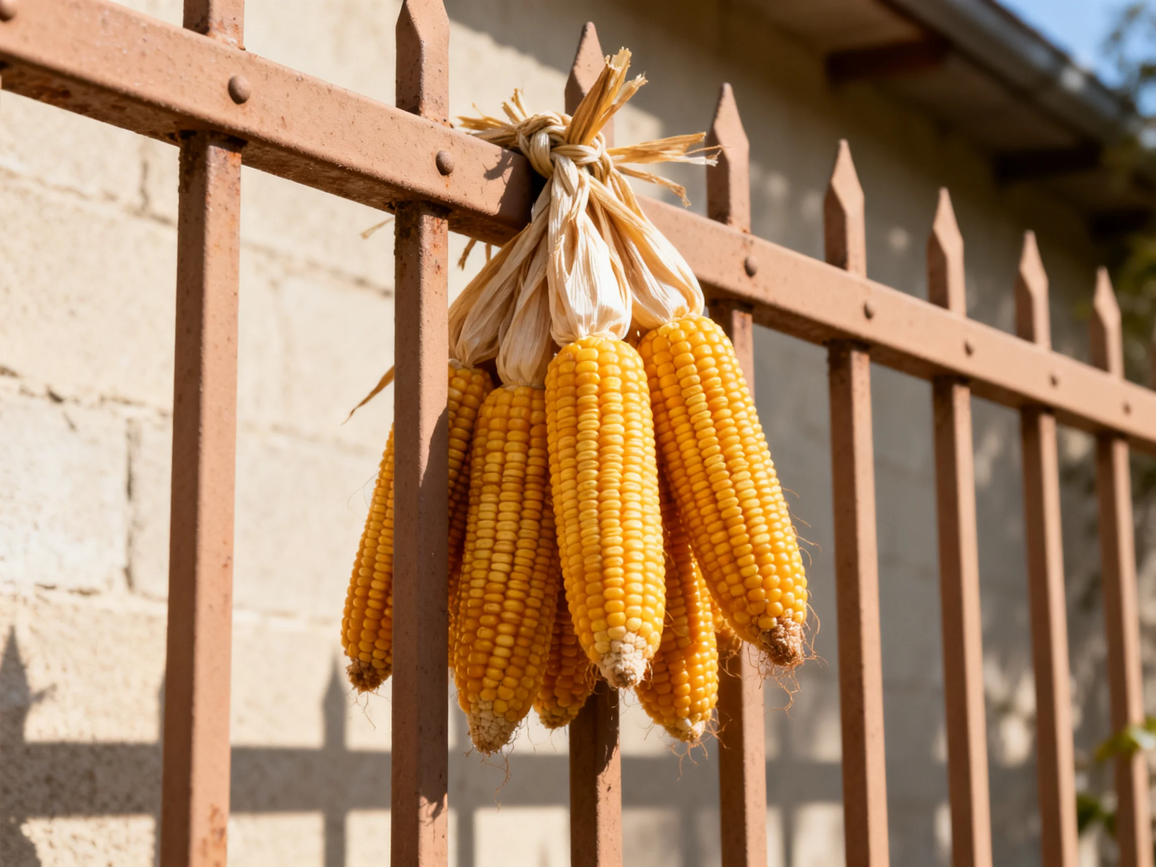 Several yellow corn cobs hang from a rusty metal fence near a stone wall
