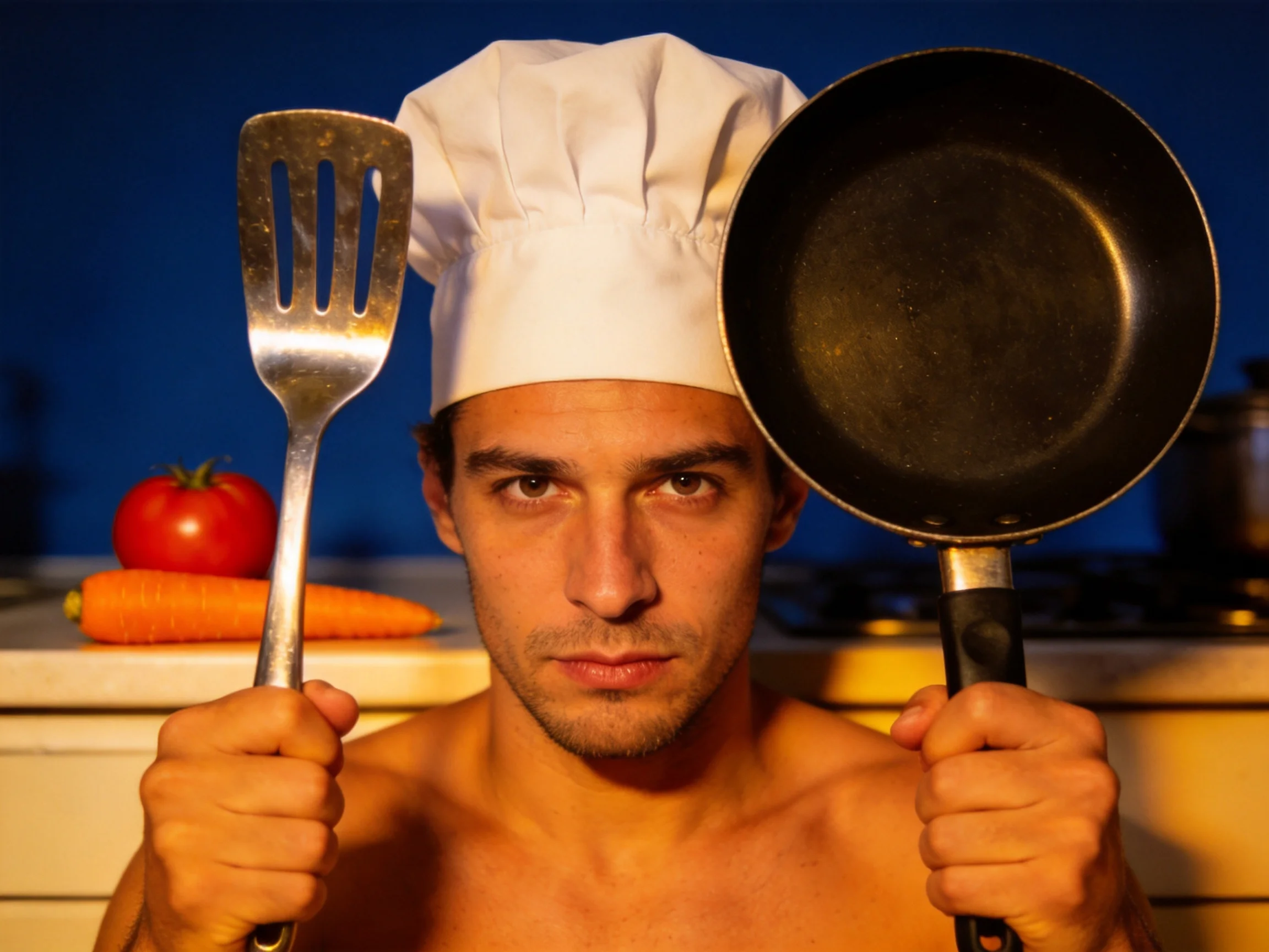Shirtless man in chef hat holds spatula and frying pan near vegetables