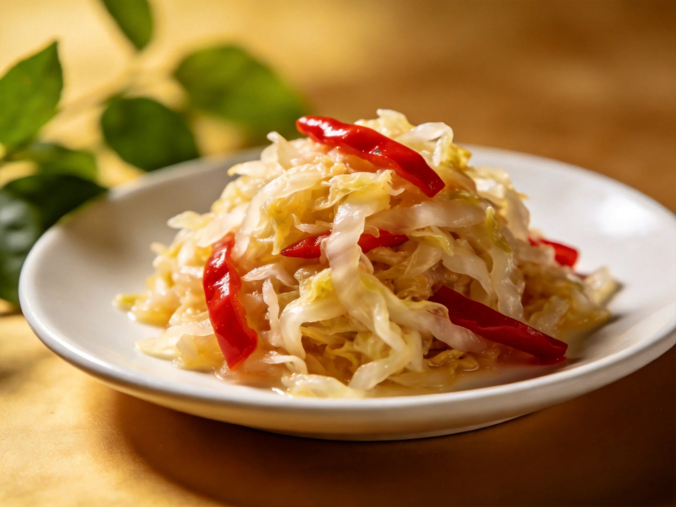 Shredded cabbage and red chili slices served on a white plate with green foliage